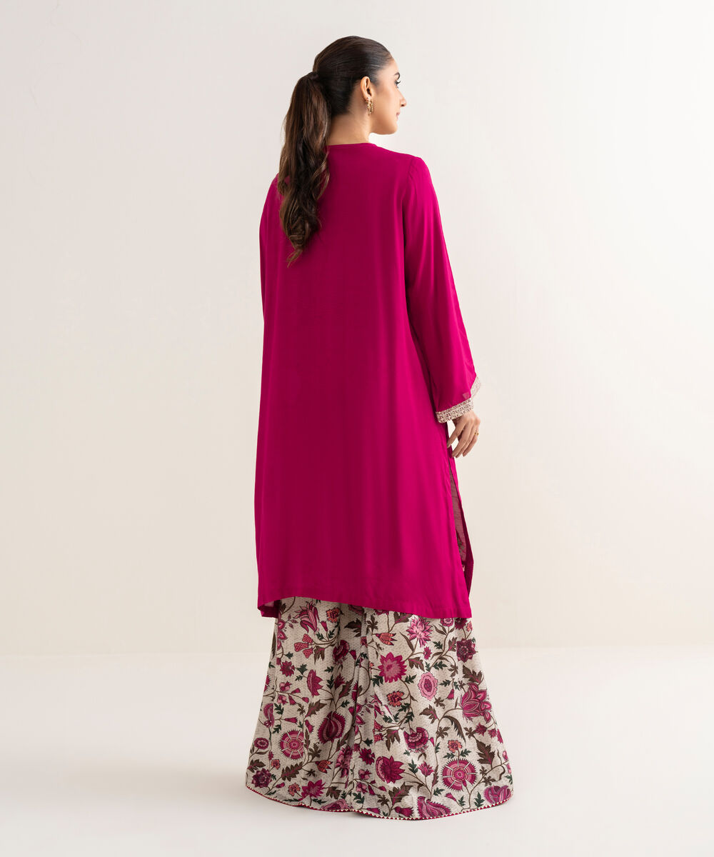 Women's RTW Viscose Raw Silk Pink Embroidered A-Line Shirt