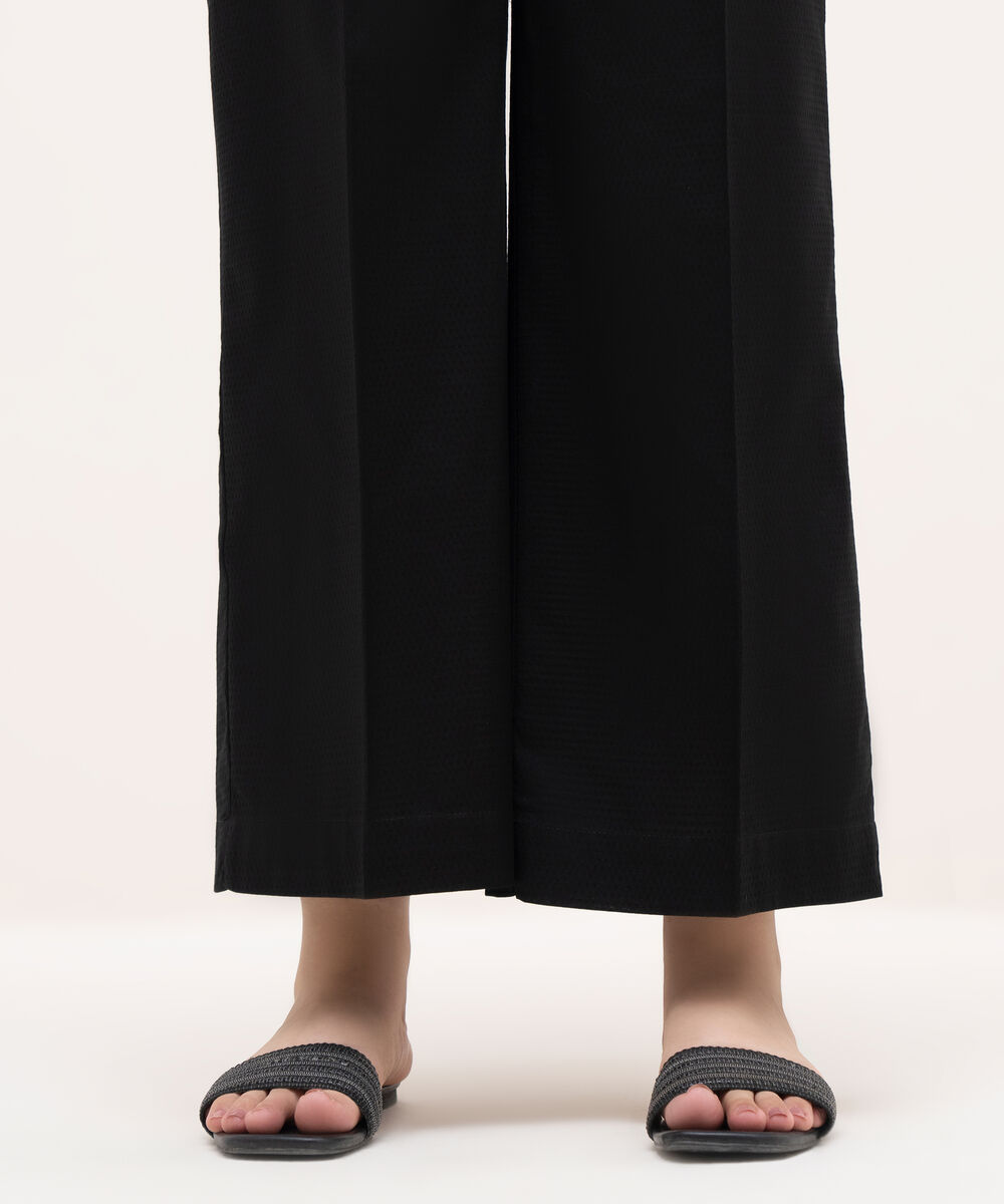 Women's RTW Textured Cotton Black Solid Culottes