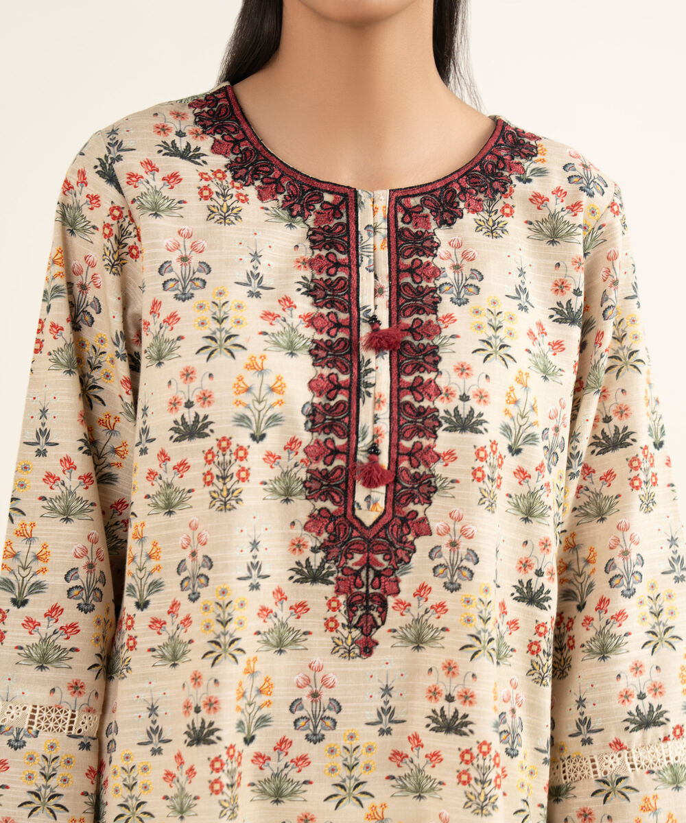 Women's RTW Khaddar Embroidered Beige A-Line Shirt