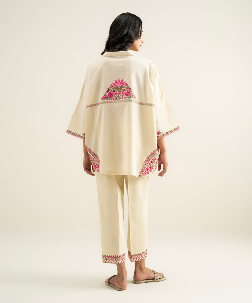 Women's RTW Dobby Embroidered Off White Drop Shoulder Shirt