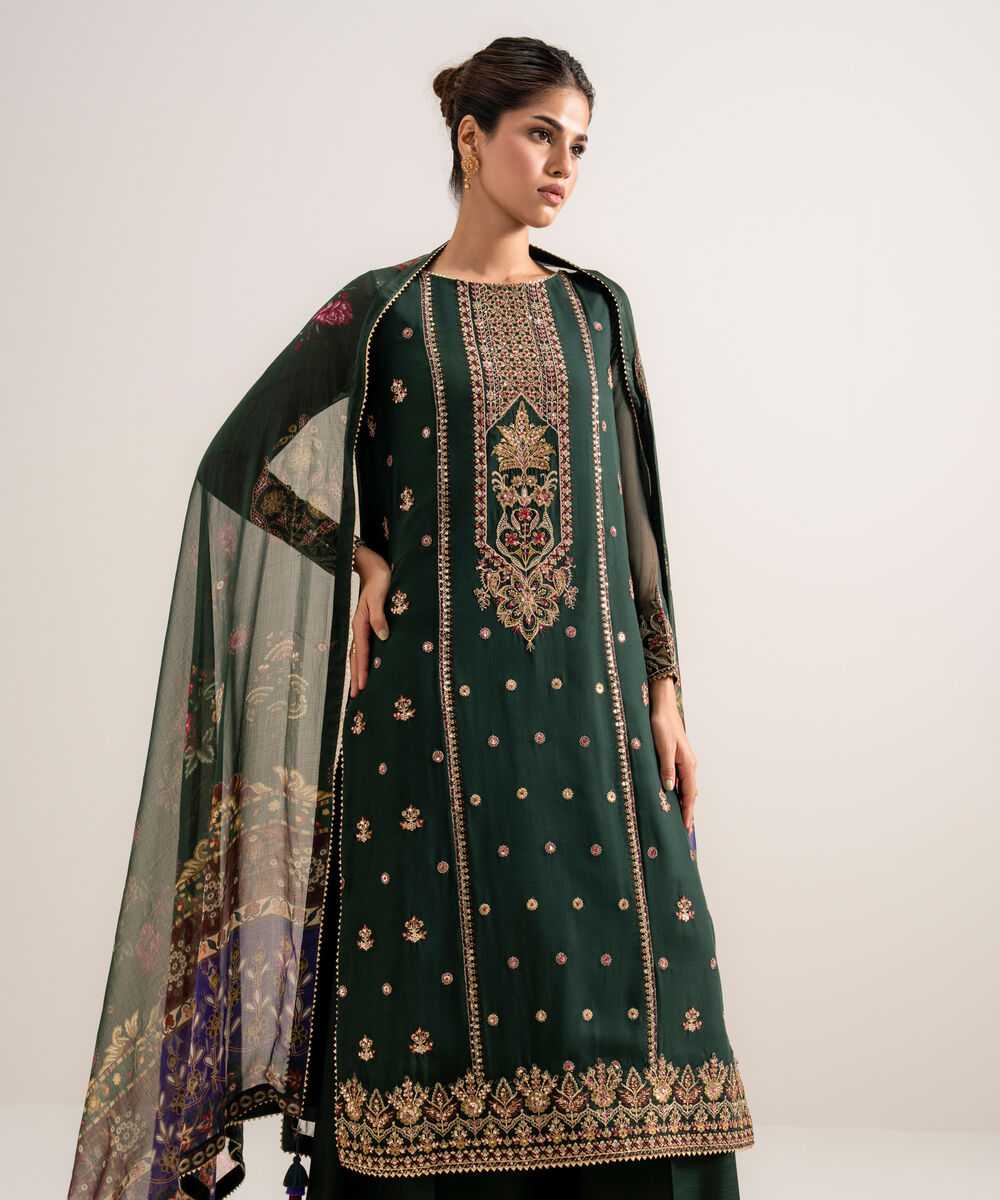 Women's Unstitched Embroidered Blended Chiffon Green 3 Piece Suit