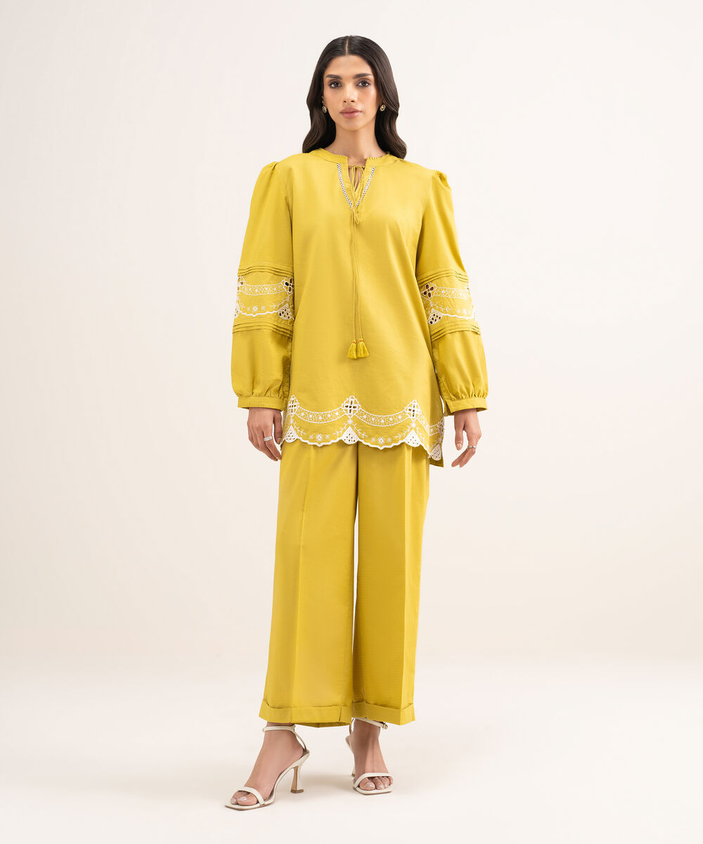 Women's RTW Dobby Embroidered Yellow Straight Shirt