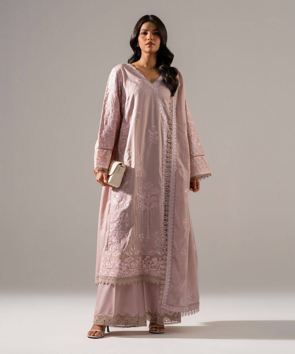 Women's RTW Cotton Satin Solid Embroidered Muted Pink 3 Piece Suit