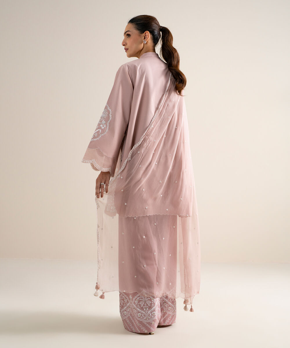 Women's Unstitched Slub Lawn Embroidered Pink 3 Piece Suit