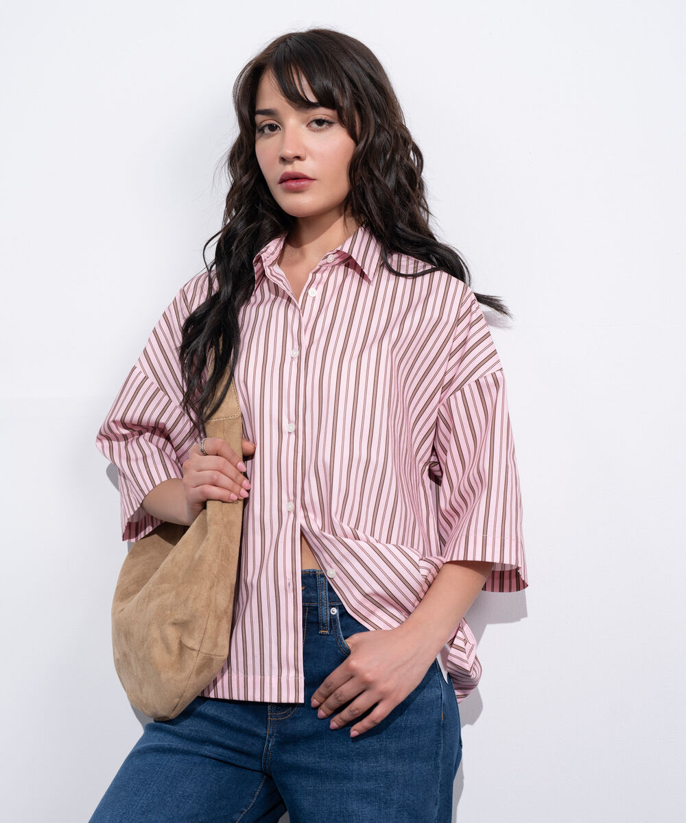 Women's Western Pink And Brown Boxy Stripe Printed Shirt
