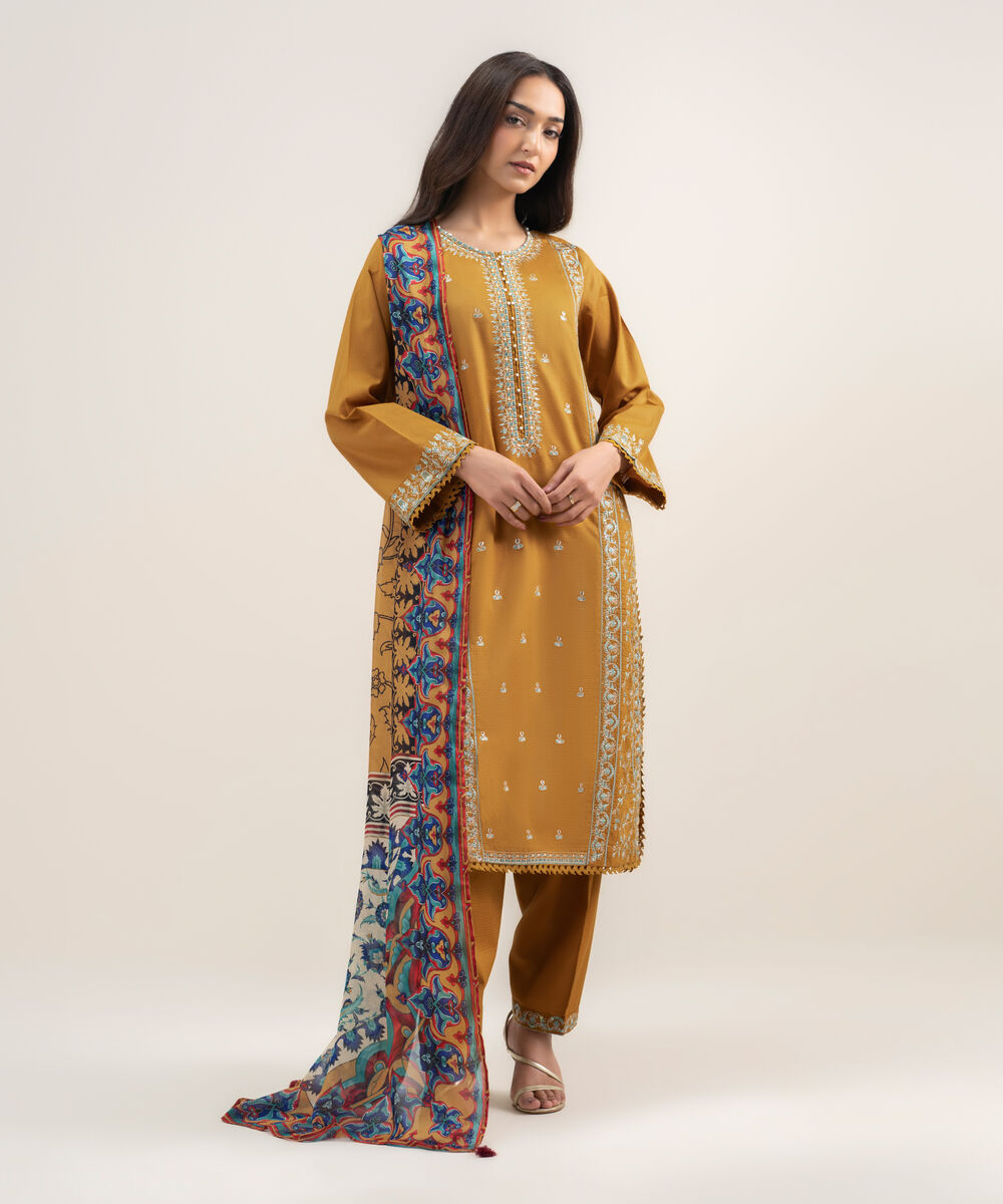 Women's RTW Dobby Embroidered Mustard Brown 3 Piece Suit