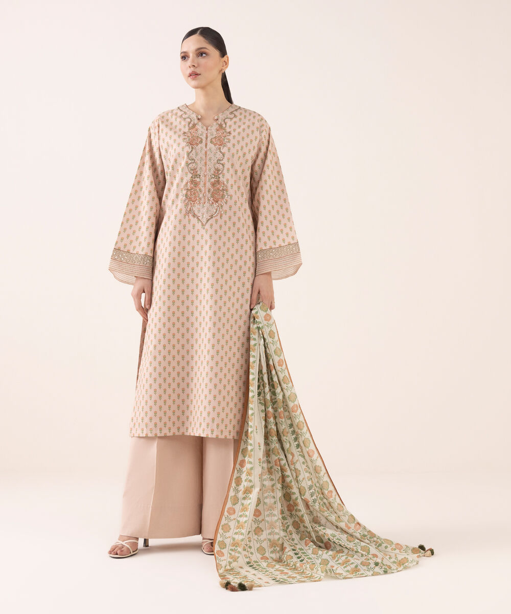 Women's Unstitched Cotton Embroidered Peach Three Piece Suit