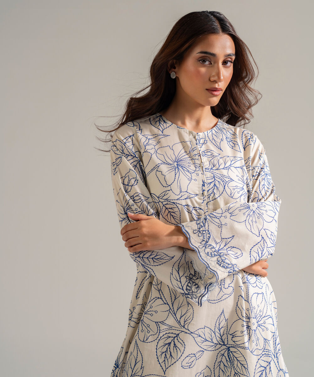 Women's RTW Cambric Embroidered White 2 Piece Suit