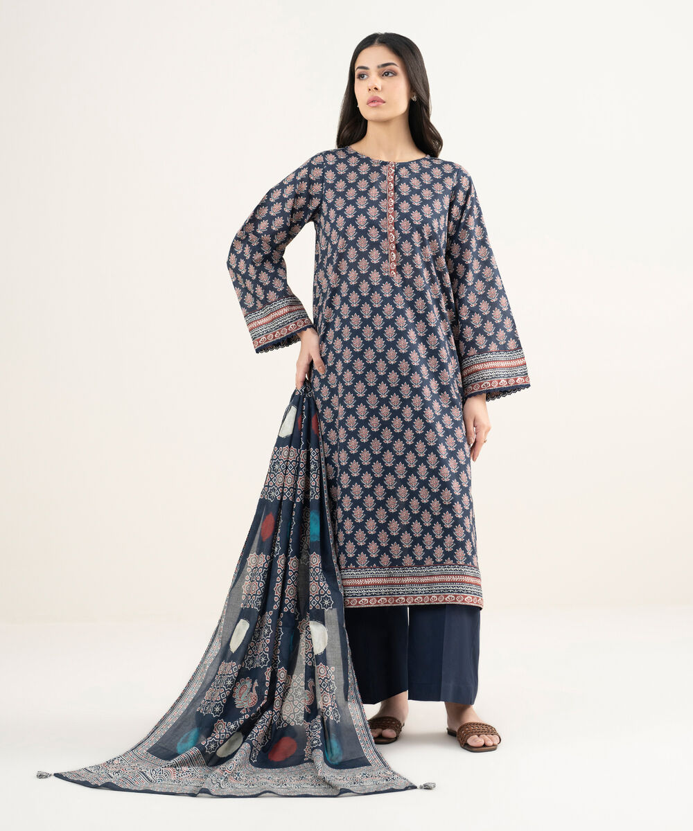 Women's RTW Lawn Printed Dark Blue 3 Piece Suit