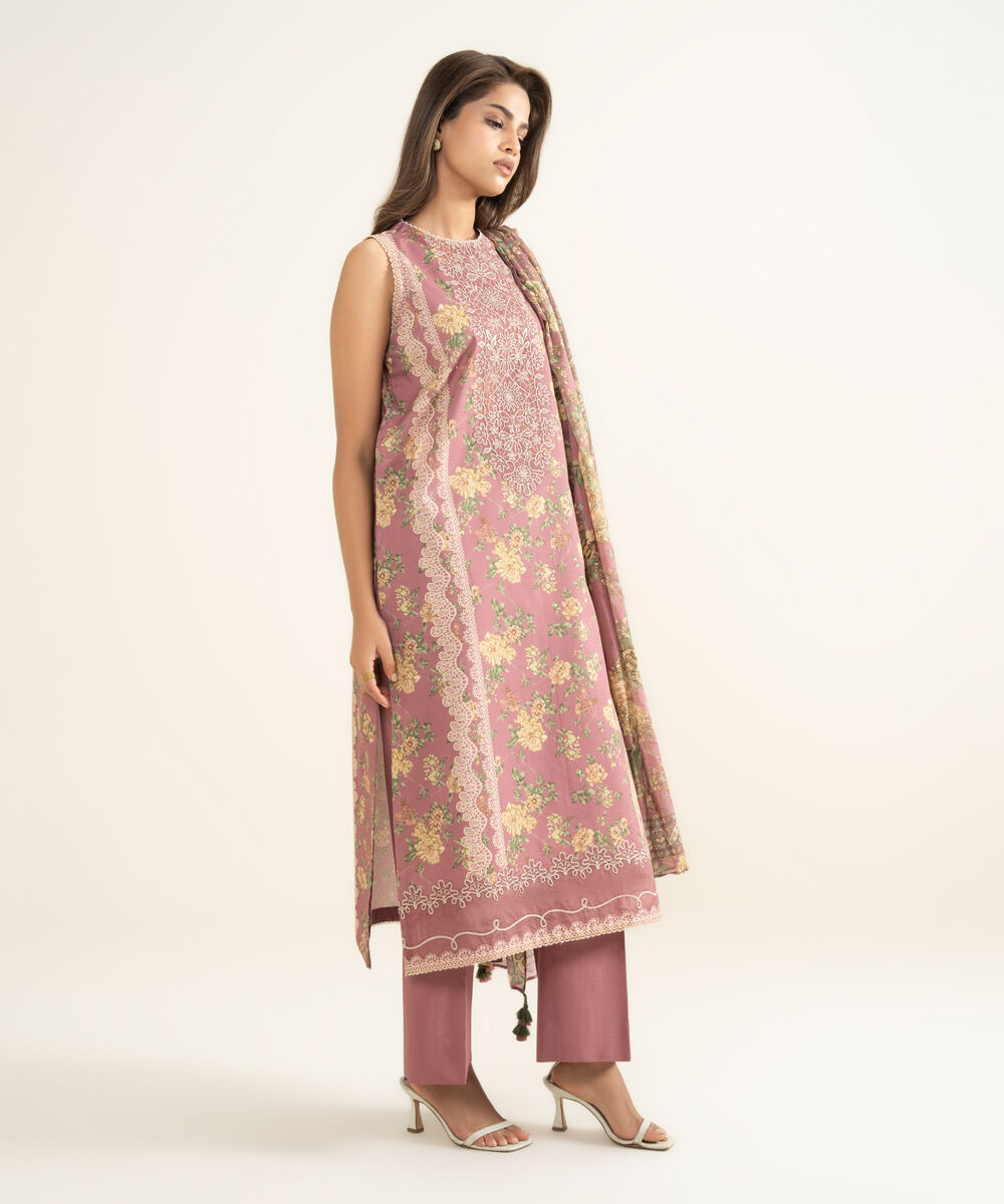 Women's Unstitched Lawn Embroidered Pink 3 Piece Suit