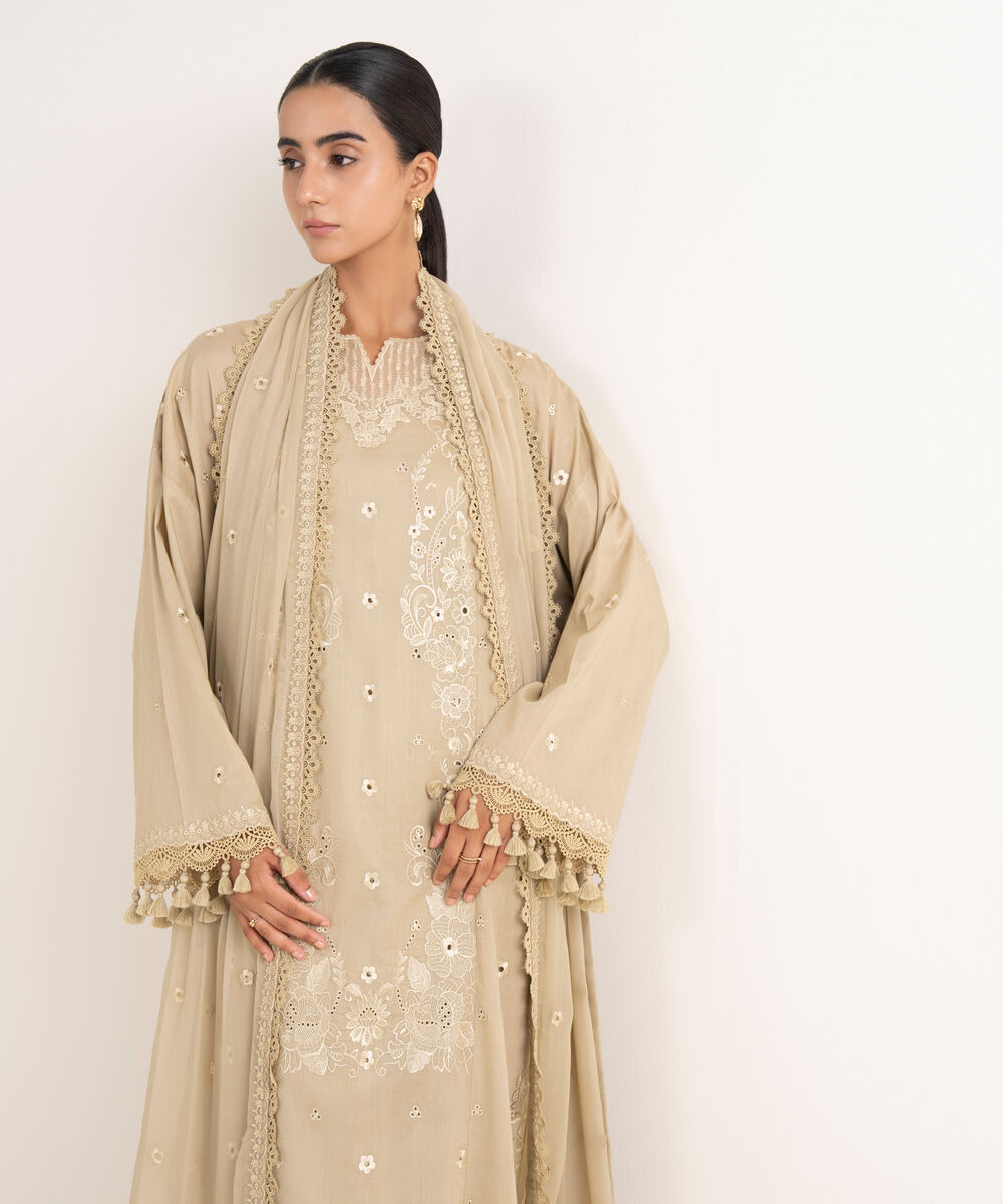 Women's Unstitched Lawn Embroidered Beige 3 Piece Suit