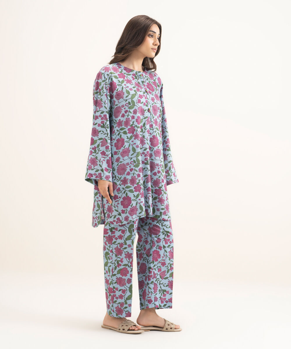 Women's RTW Arabic Lawn Printed Blue Drop Shoulder Shirt