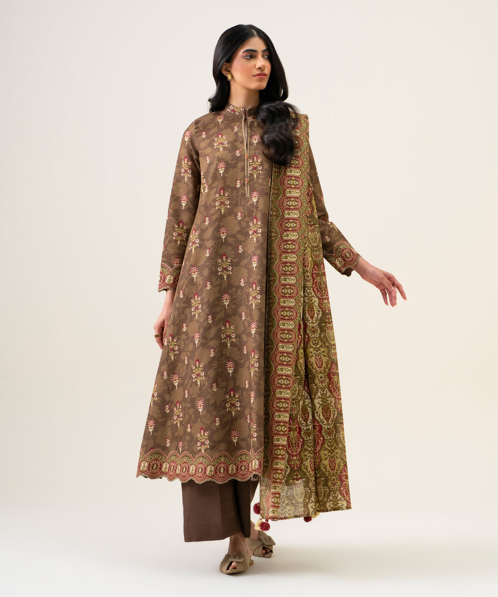 Womens Unstitched Light Khaddar Printed Brown 3 Piece Suit