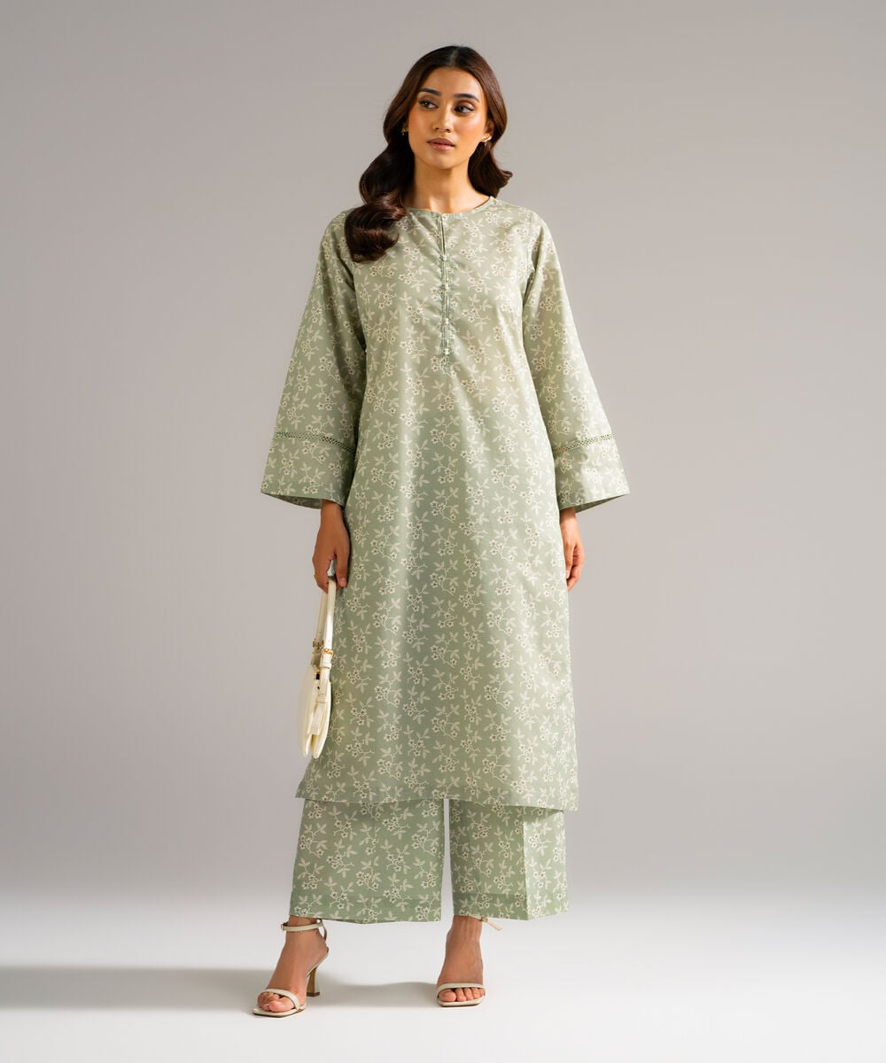 Women's RTW Zari Lawn Printed Green Straight Shirt