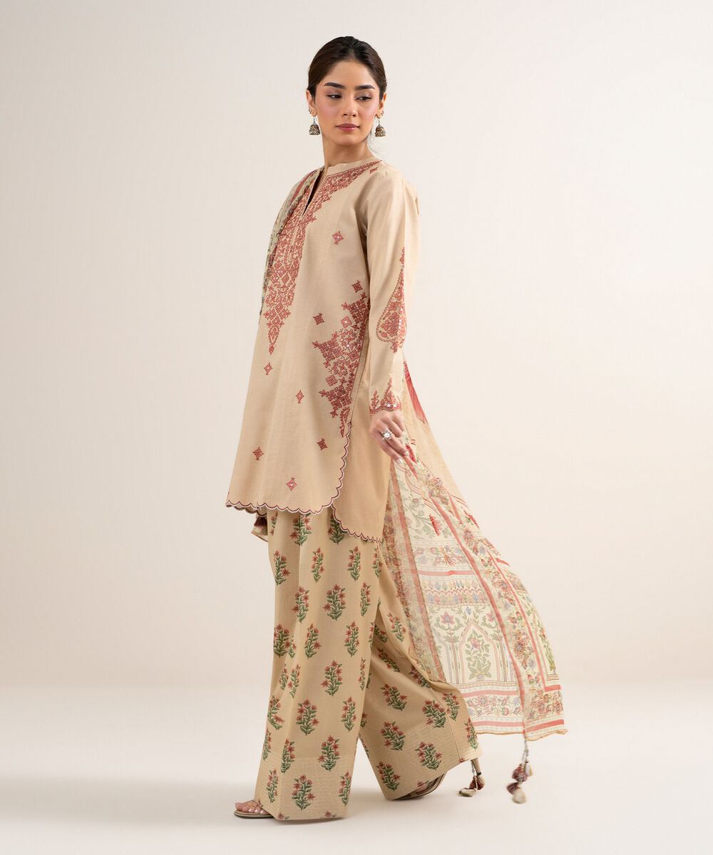 Women's Unstitched Textured Lawn Embroidered Beige 3 Piece Suit