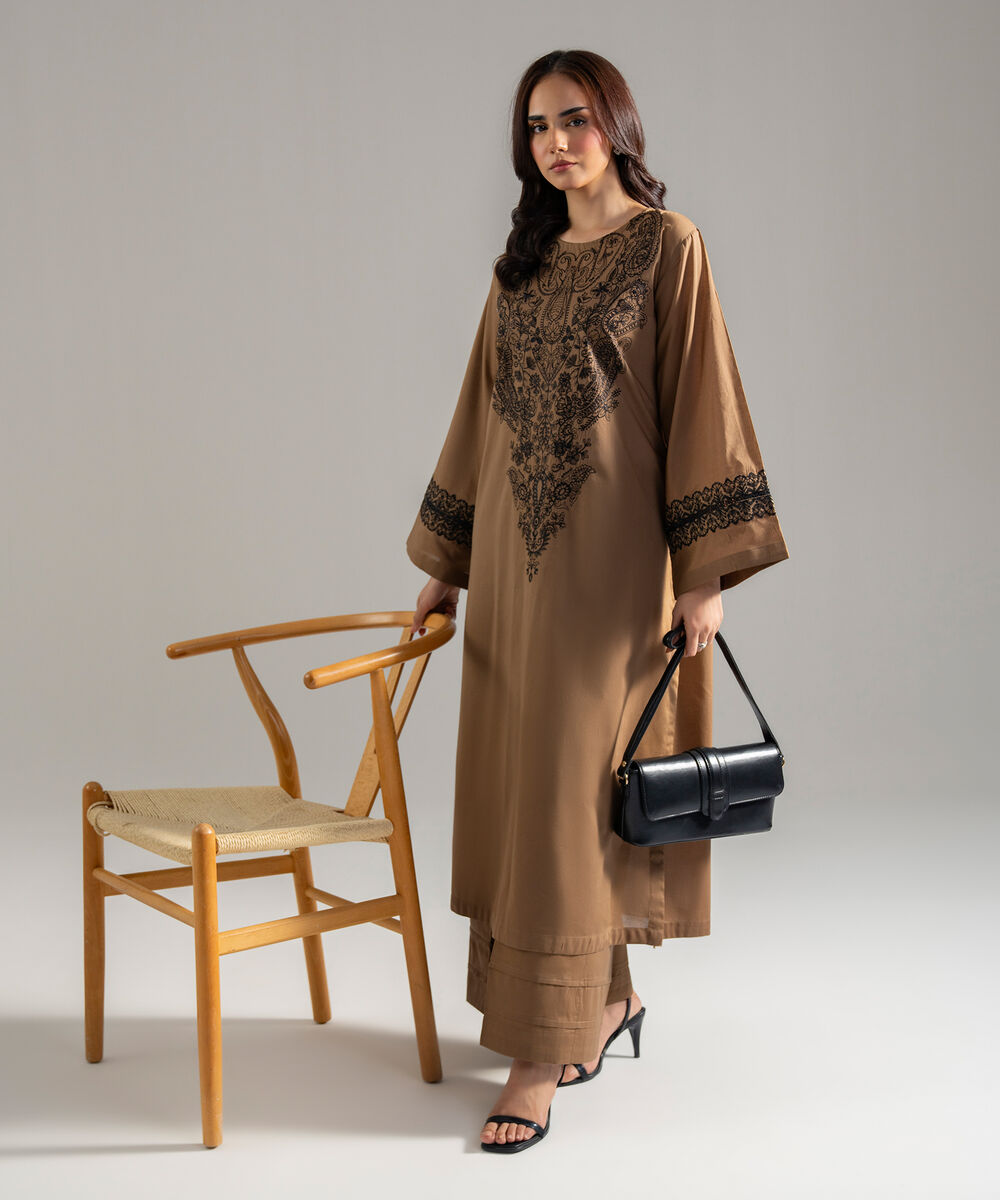 Women's RTW Lawn Solid Embroidered Dark Beige Straight Shirt
