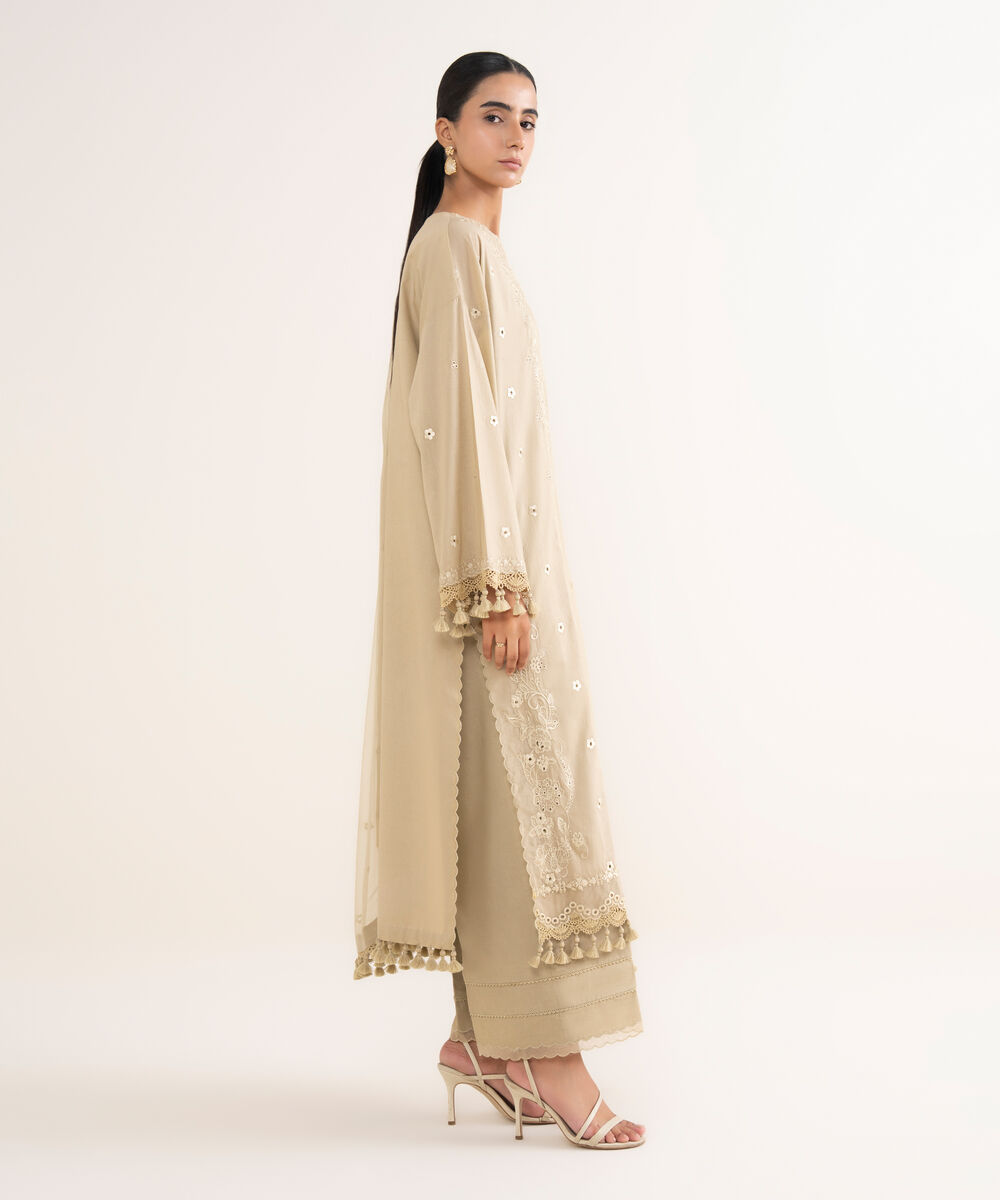 Women's Unstitched Lawn Embroidered Beige 3 Piece Suit