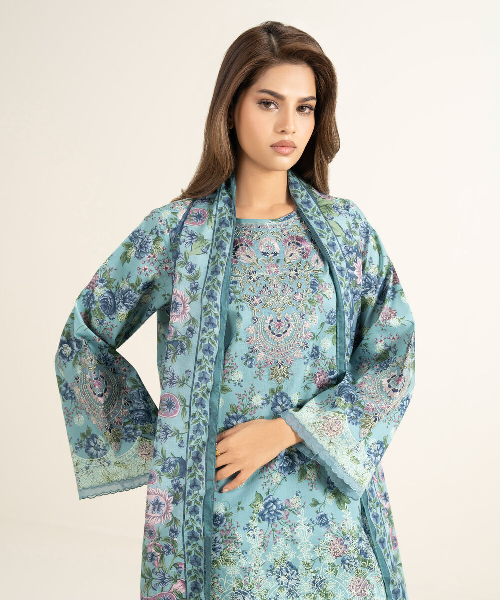 Women's Unstitched Lawn Embroidered Blue 3 Piece Suit