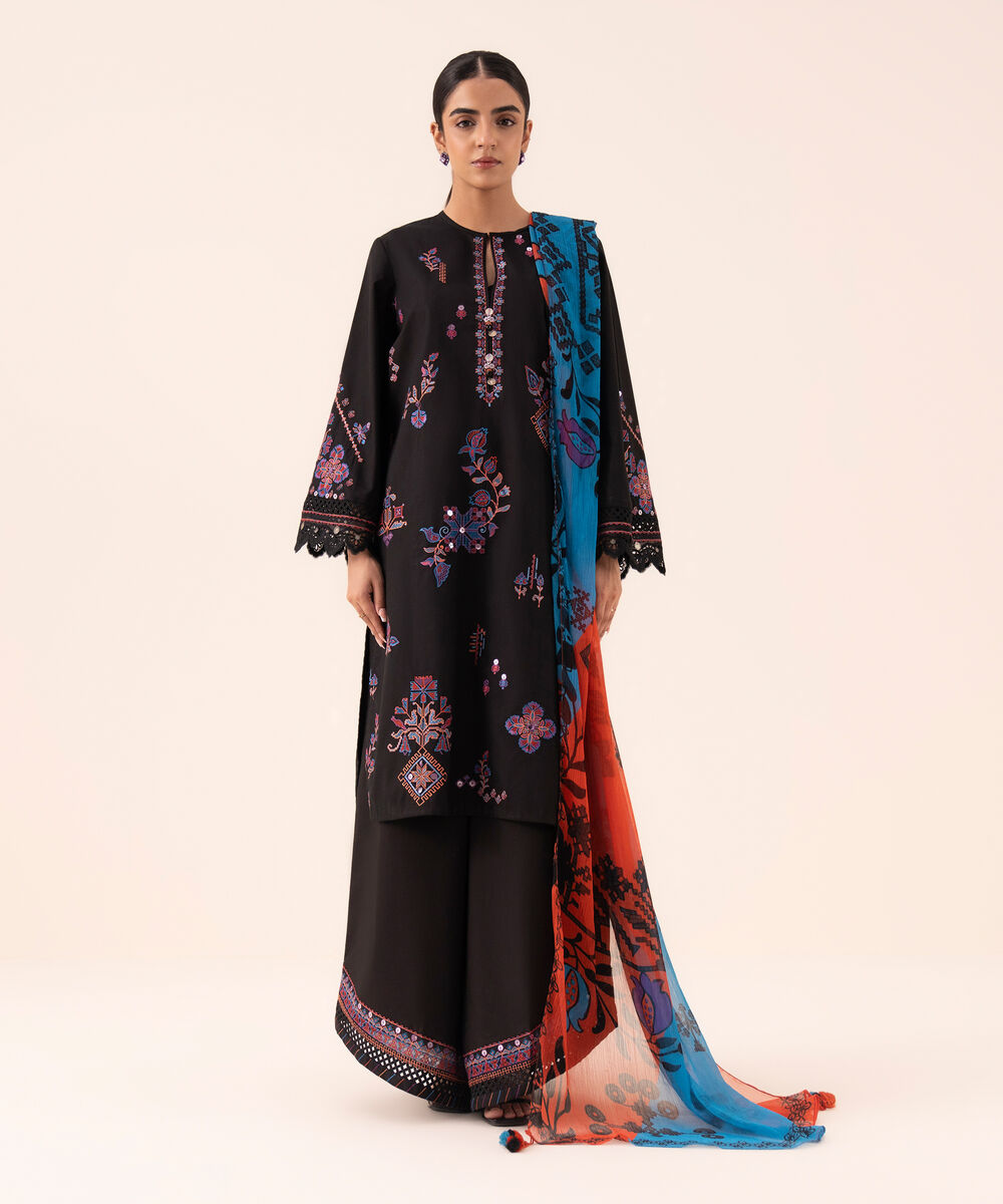 Women's Unstitched Cotton Embroidered Black 3 Piece Suit