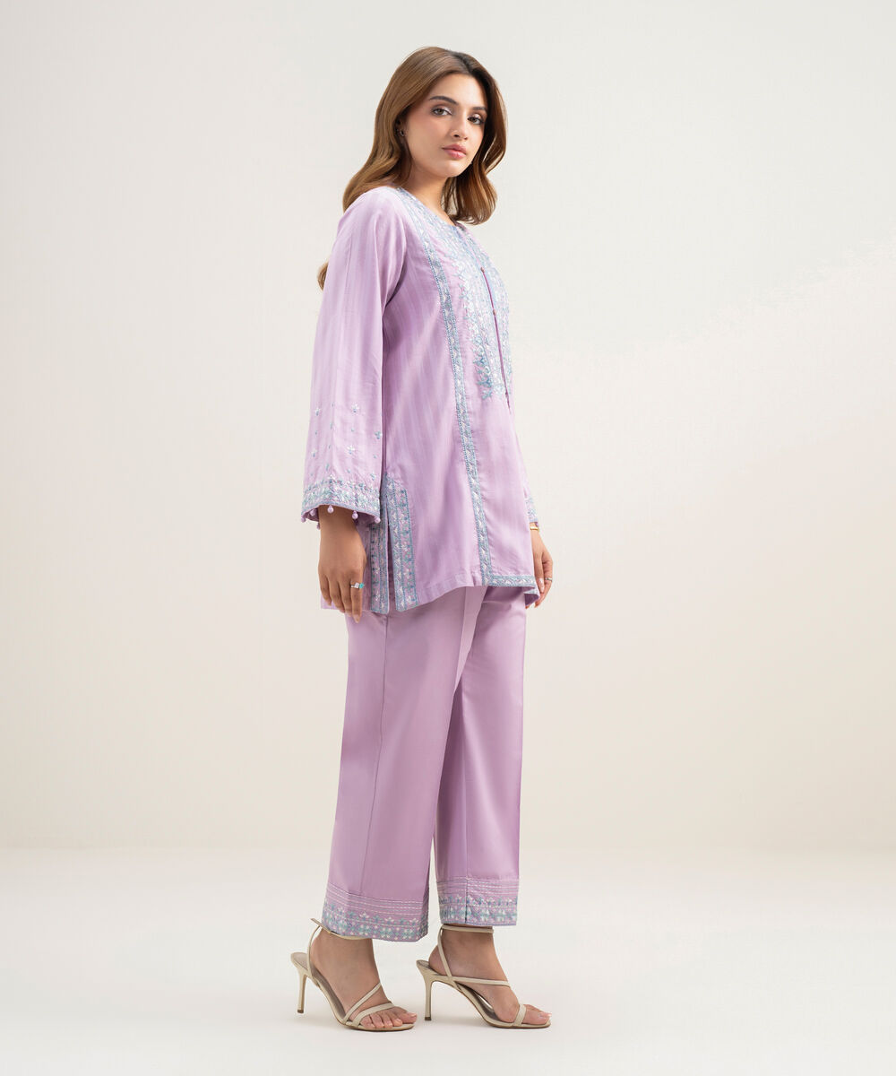 Women's RTW Dobby Embroidered Lilac 2 Piece Suit