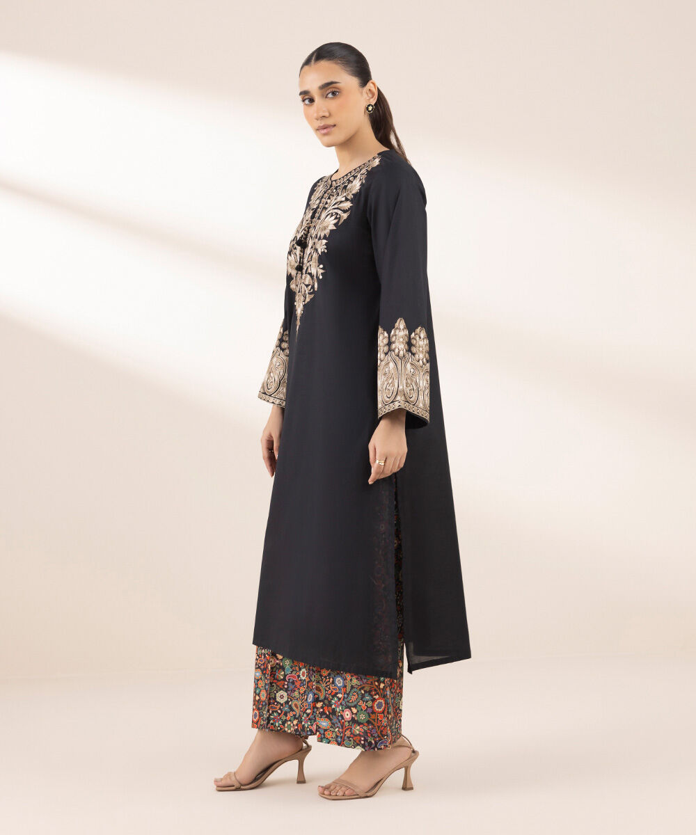 Women's RTW Textured Lawn Black Embroidered A-Line Shirt