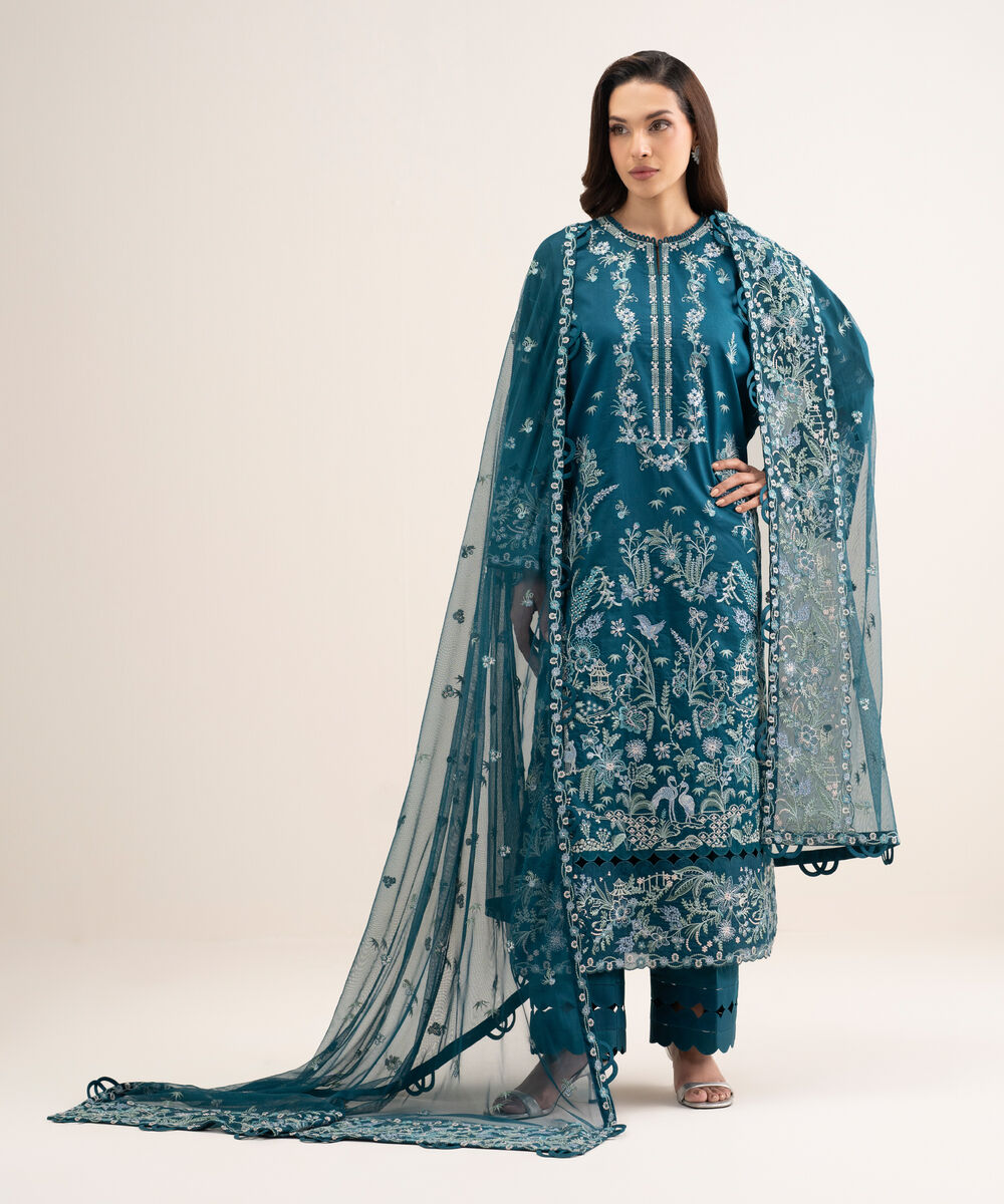 Women's Unstitched Fine Cotton Satin Embroidered Blue 3 Piece Suit