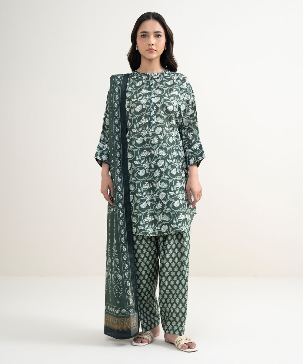 Women's RTW Lawn Printed Green Drop Shoulder Shirt