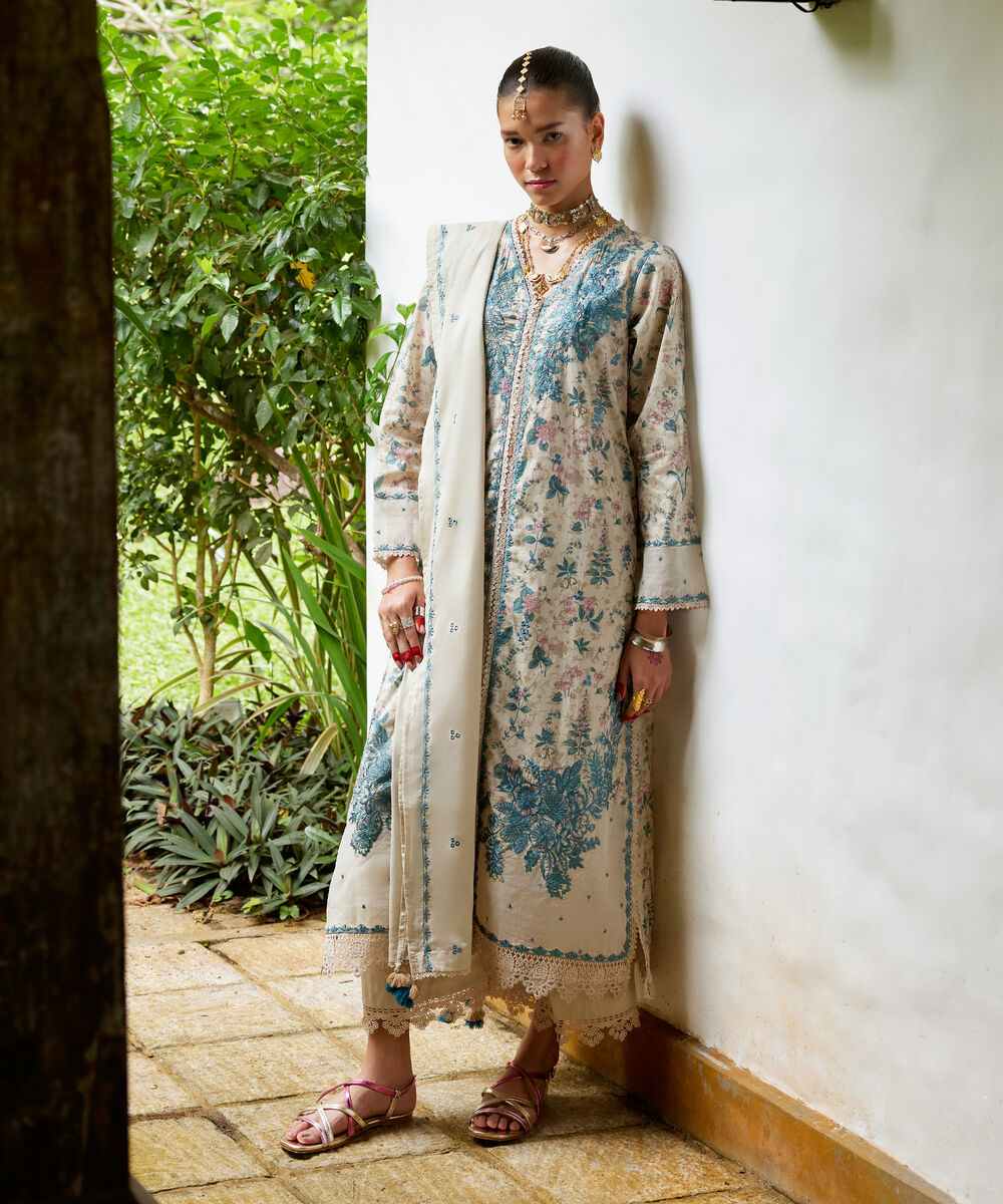 Women's RTW Lawn Embroidered Sand Green A-Line Shirt