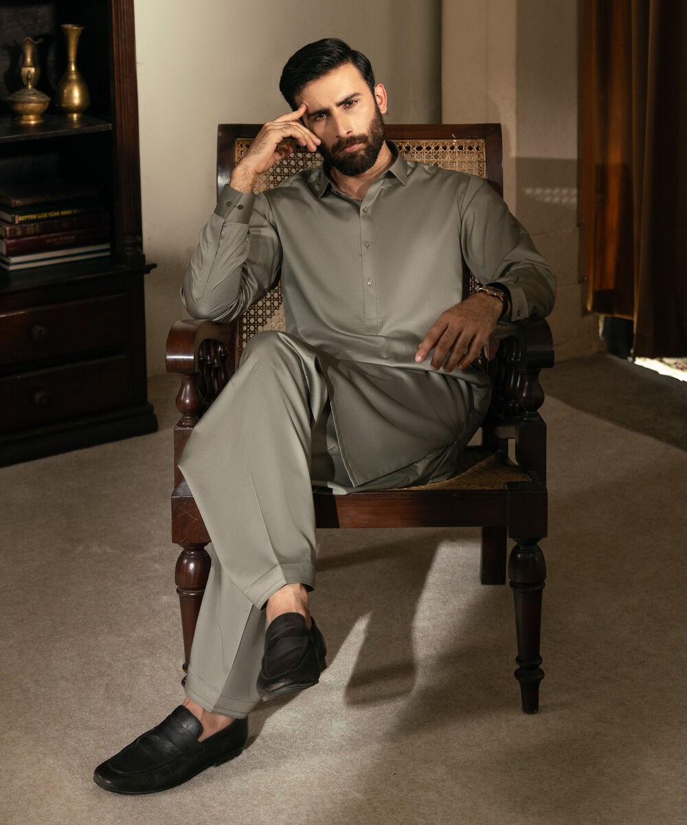 Men's Unstitched 2-Piece Premium Cotton Satin Lt Khaki Suit