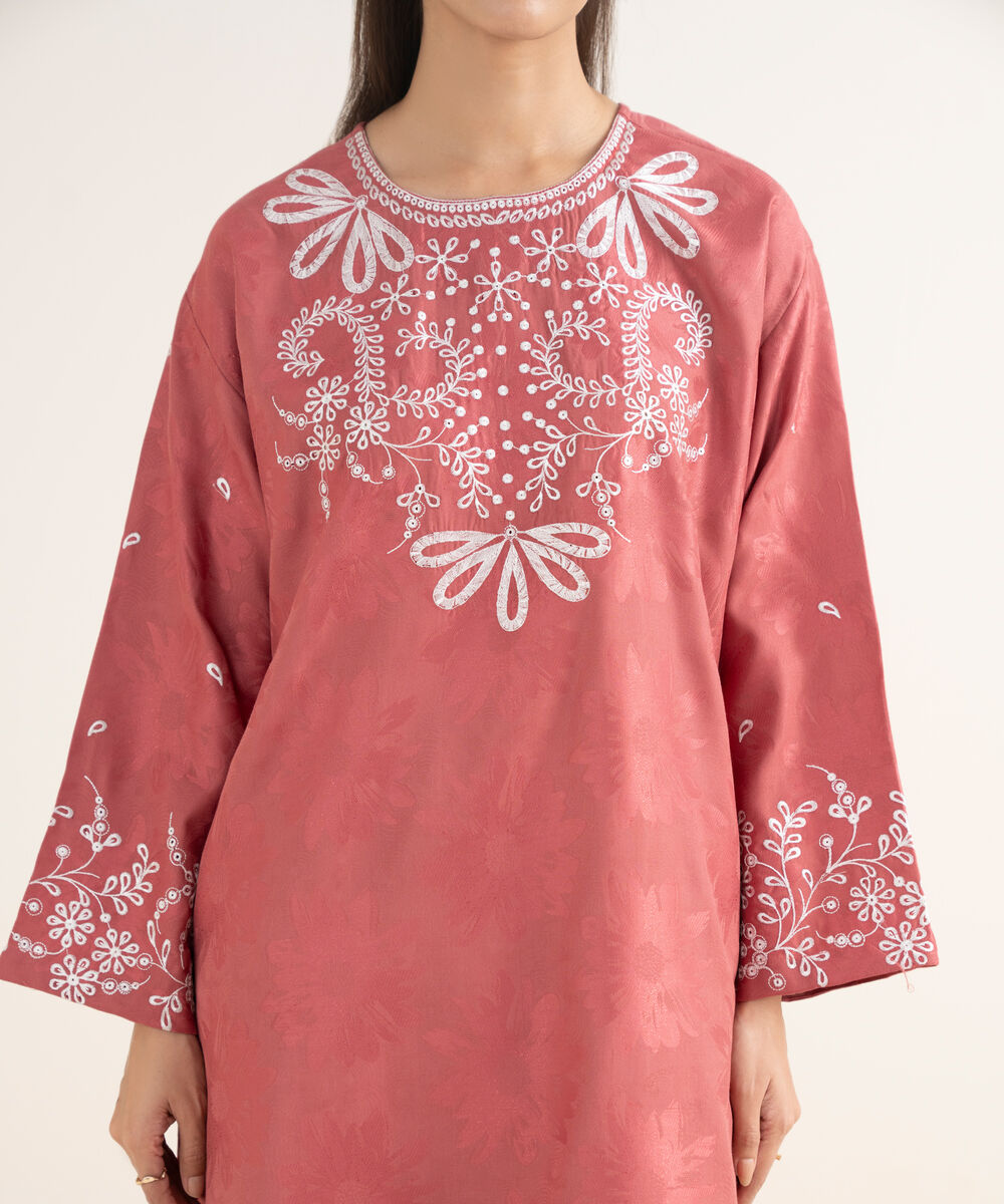 Women's RTW Jacquard Embroidered Peach Drop Shoulder Shirt