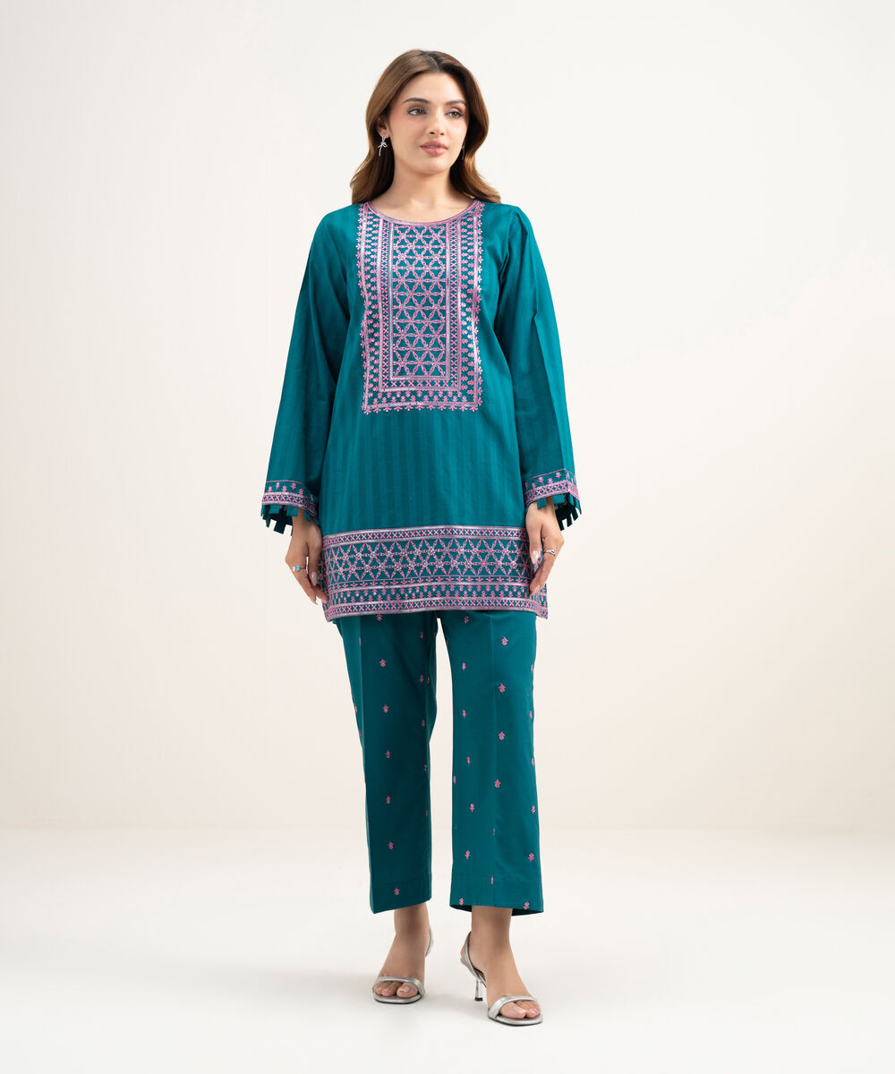 Women's RTW Dobby Embroidered Teal 2 Piece Suit