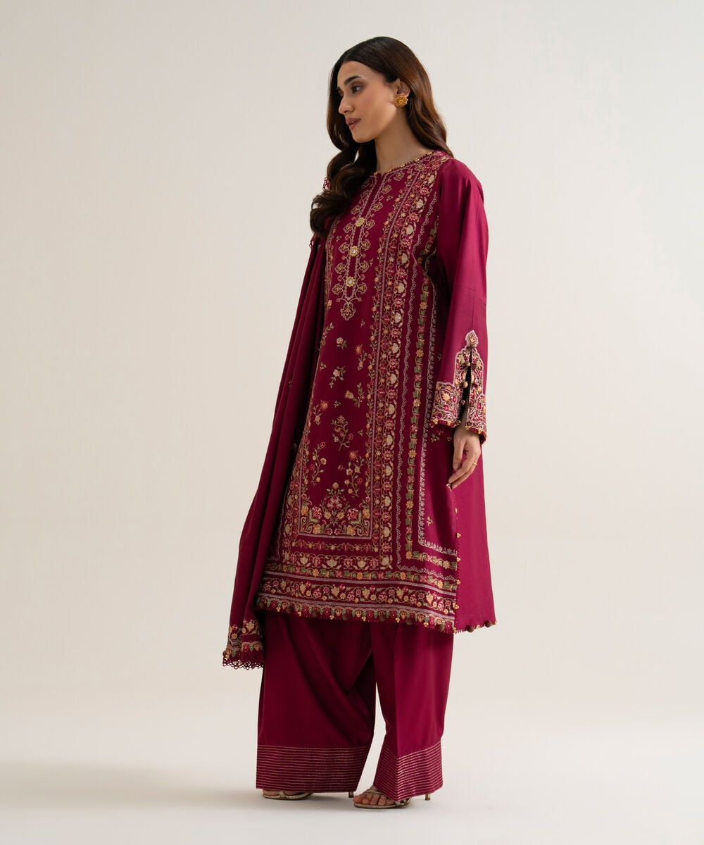 Womens Unstitched Cotton Twill Embroidered Pink 3 Piece Suit