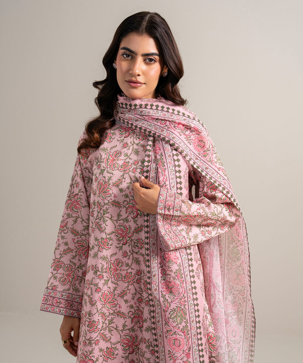 Women's Unstitched Lawn Printed Pink 3 Piece Suit