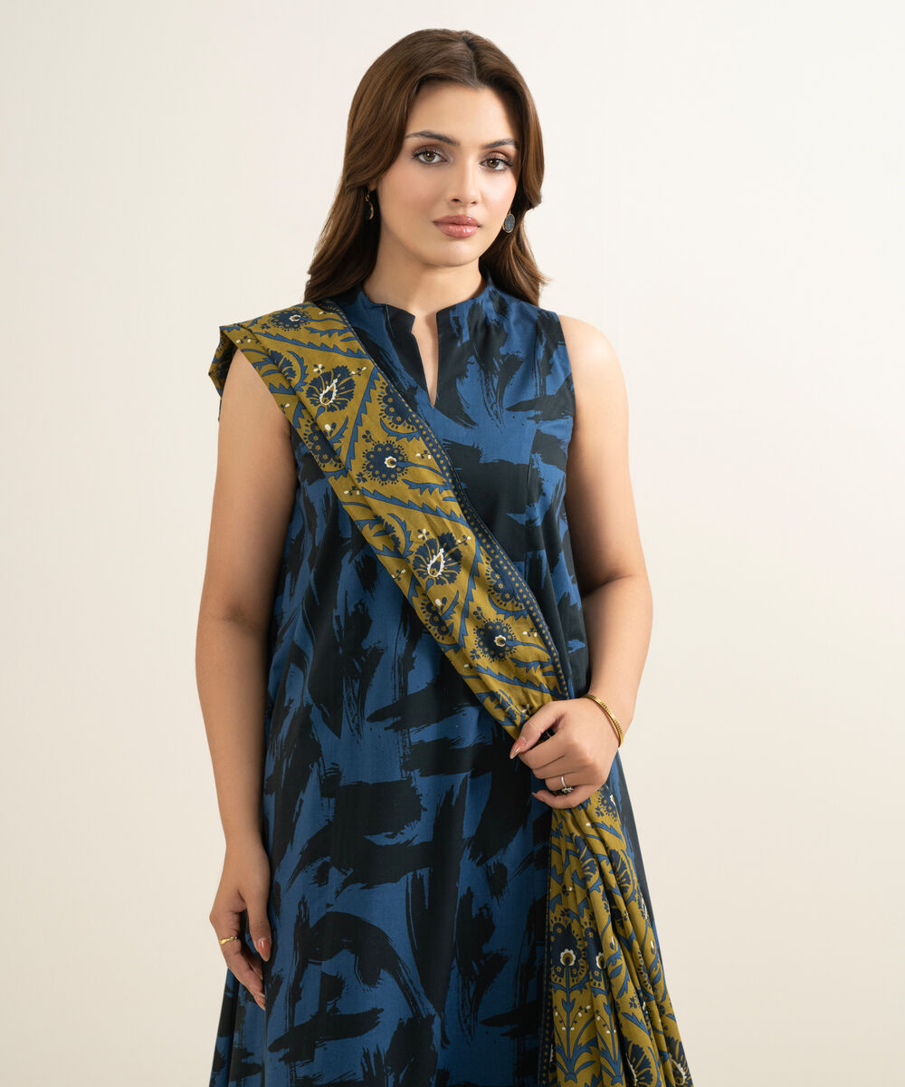 Women's Unstitched Lawn Printed Blue 3 Piece Suit