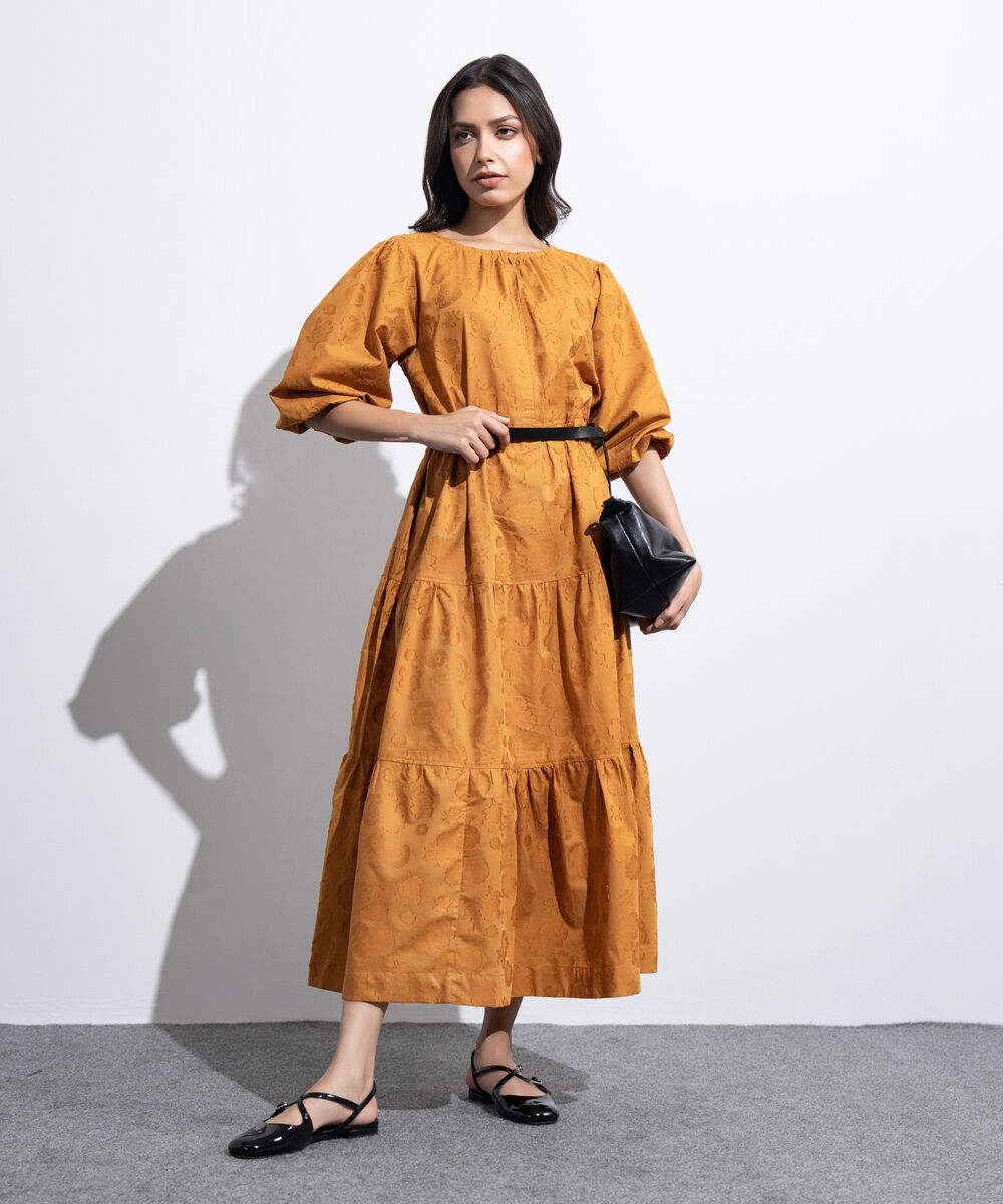 Women's Western Mustard Tier Dress With Puffed Sleeve