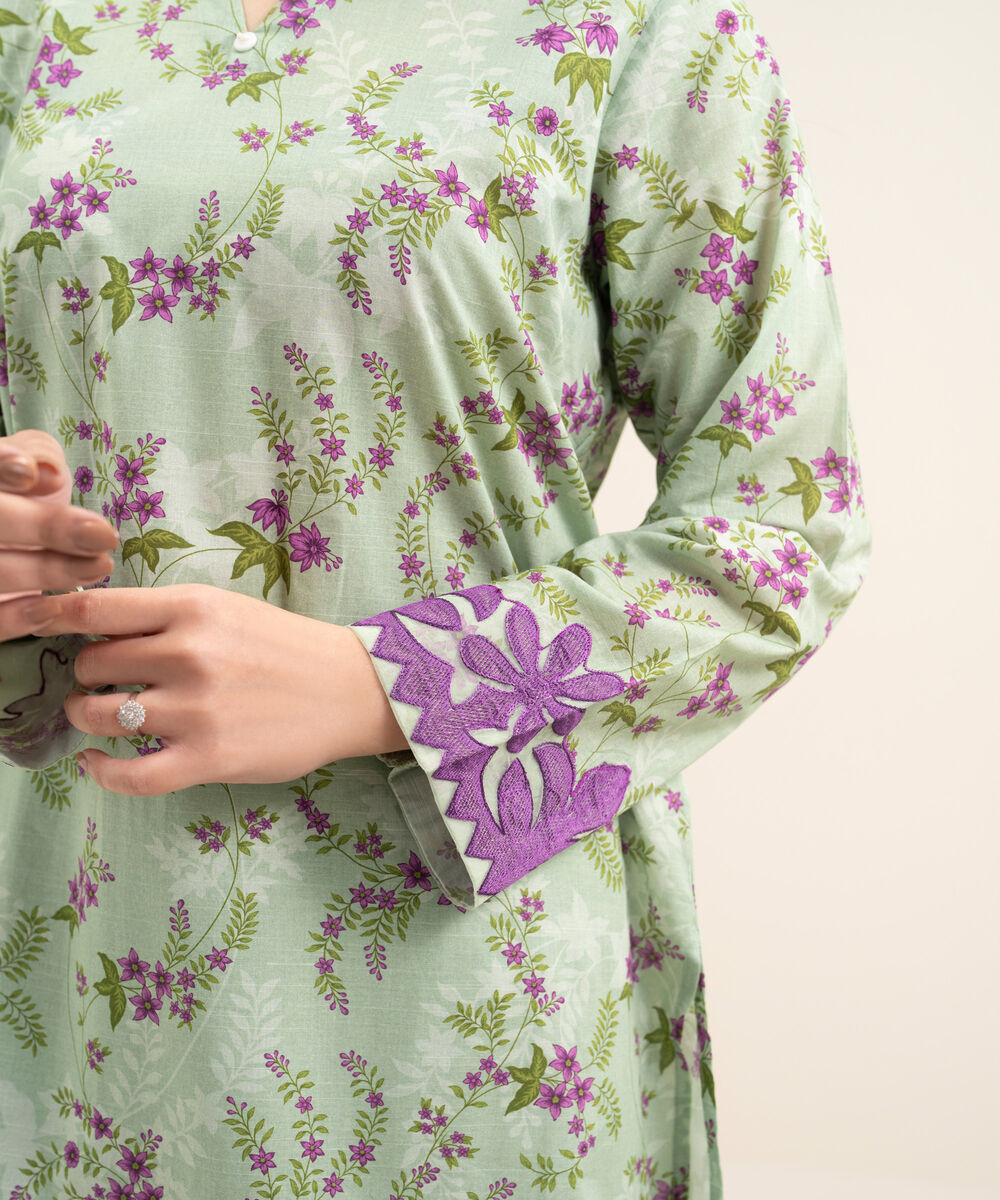 Women's RTW Slub Lawn Embroidered Green Straight Shirt