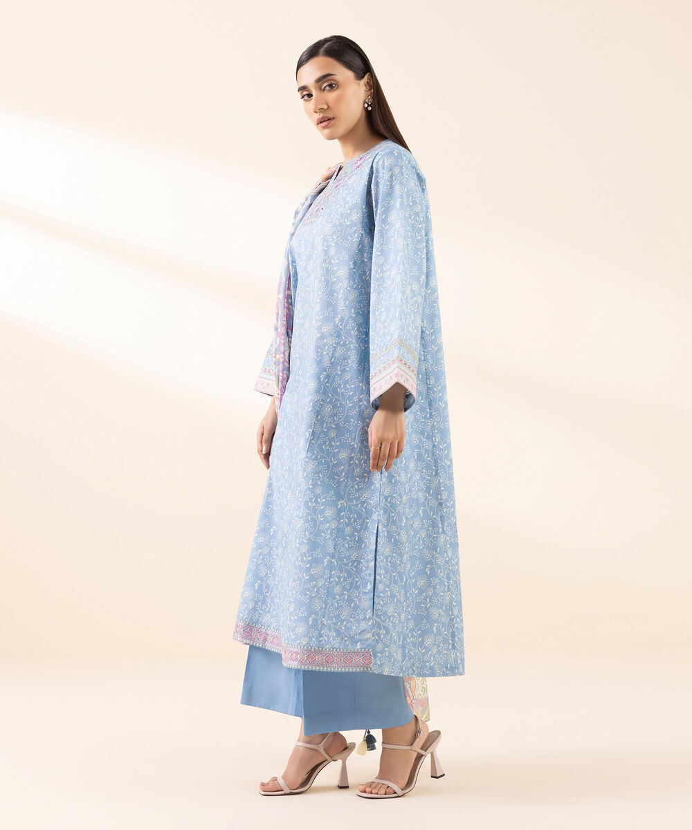 Women's Unstitched Lawn Embroidered Blue 3 Piece Suit