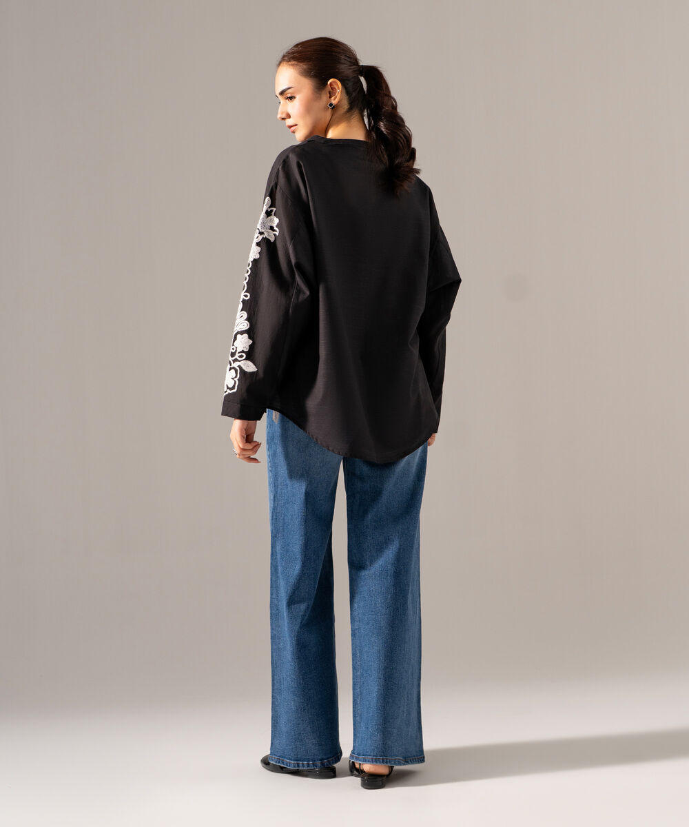 Women's RTW Khaddar Solid Embroidered Black Drop Shoulder Shirt