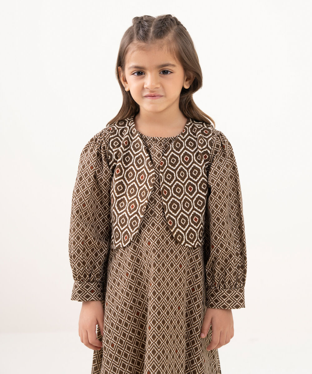 Girl's Light Khaddar Printed Brown A-Line Shirt