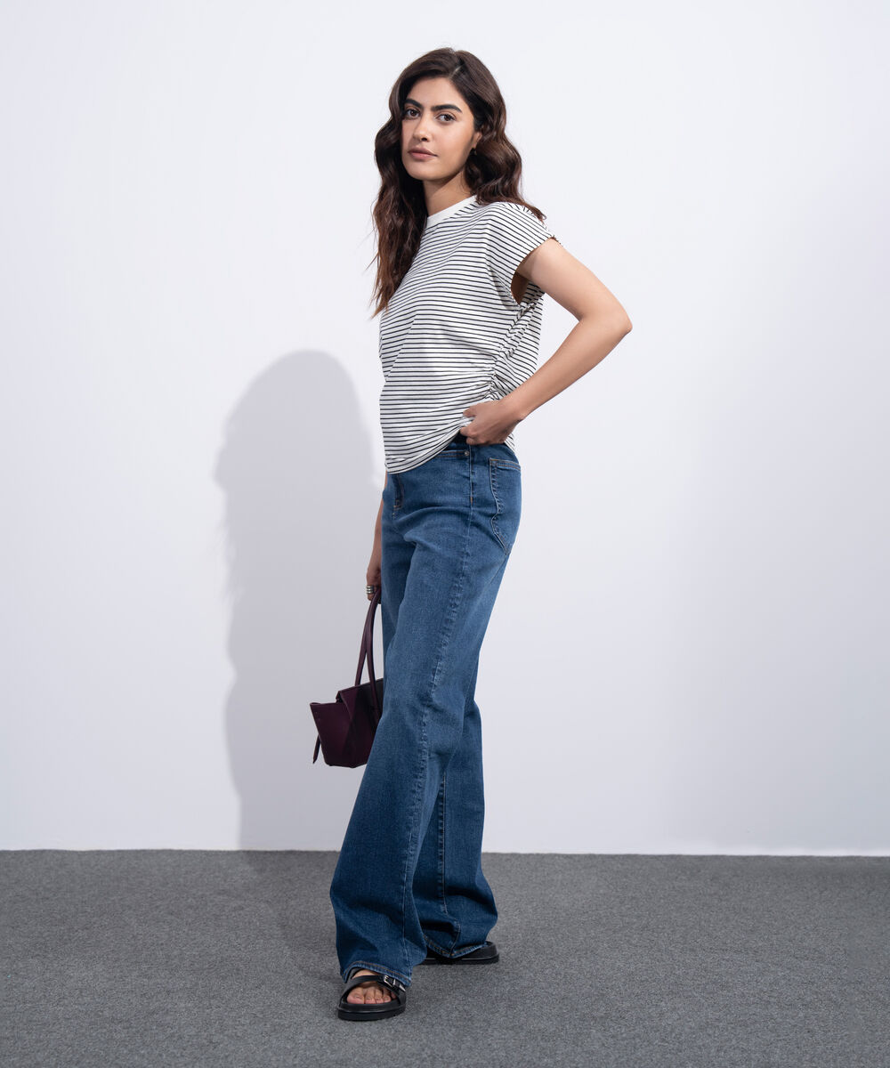 Women's Western Black And White Yarn Dyed Waist Cinched T-Shirt