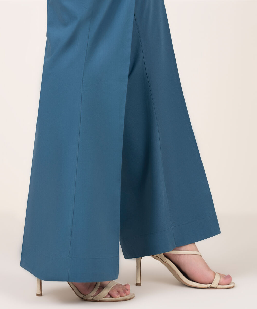 Women's RTW Cotton Solid Blue Boot Cut Pants