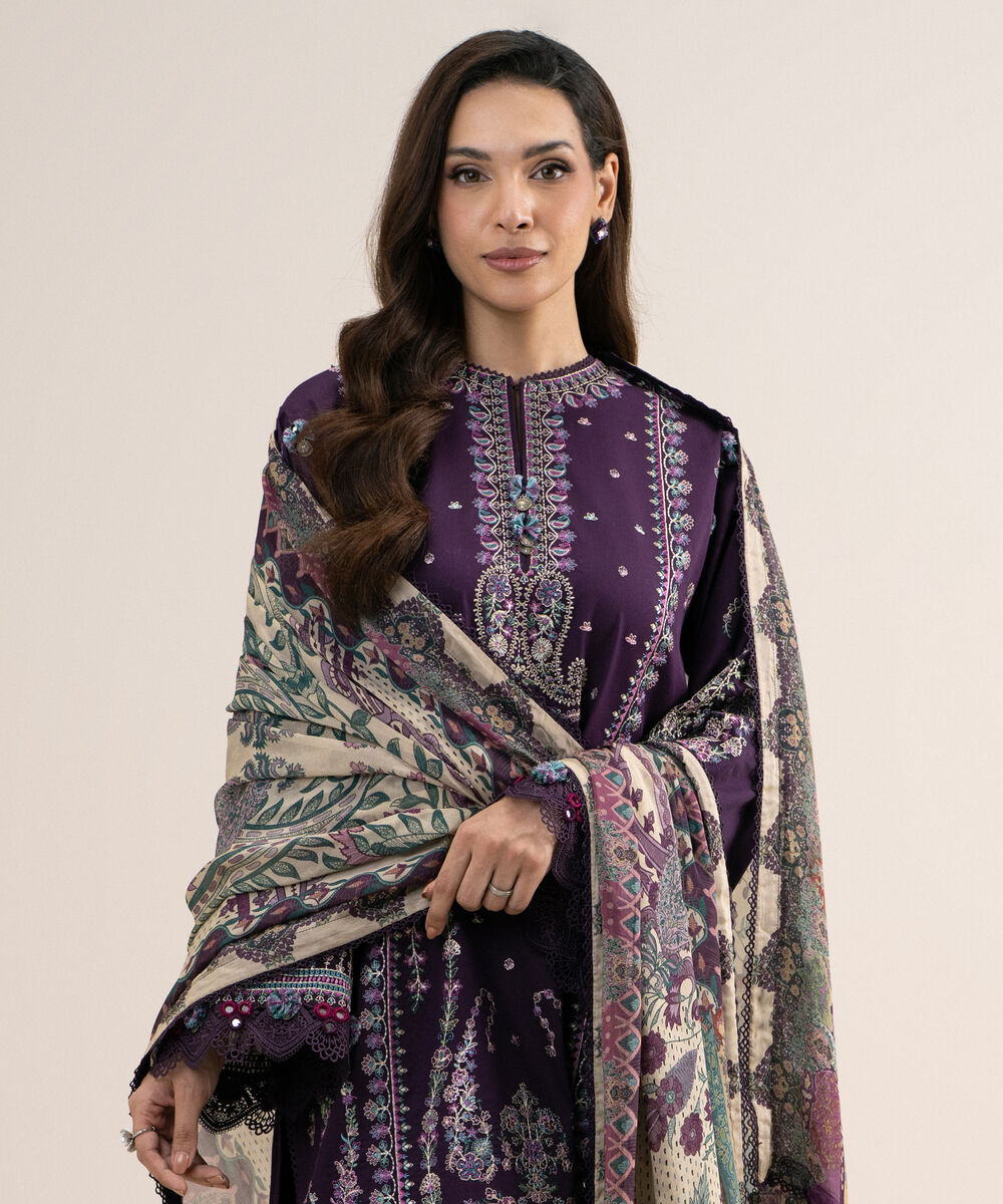 Women's Unstitched Embroidered Fine Cotton Satin Purple 3 Piece Suit