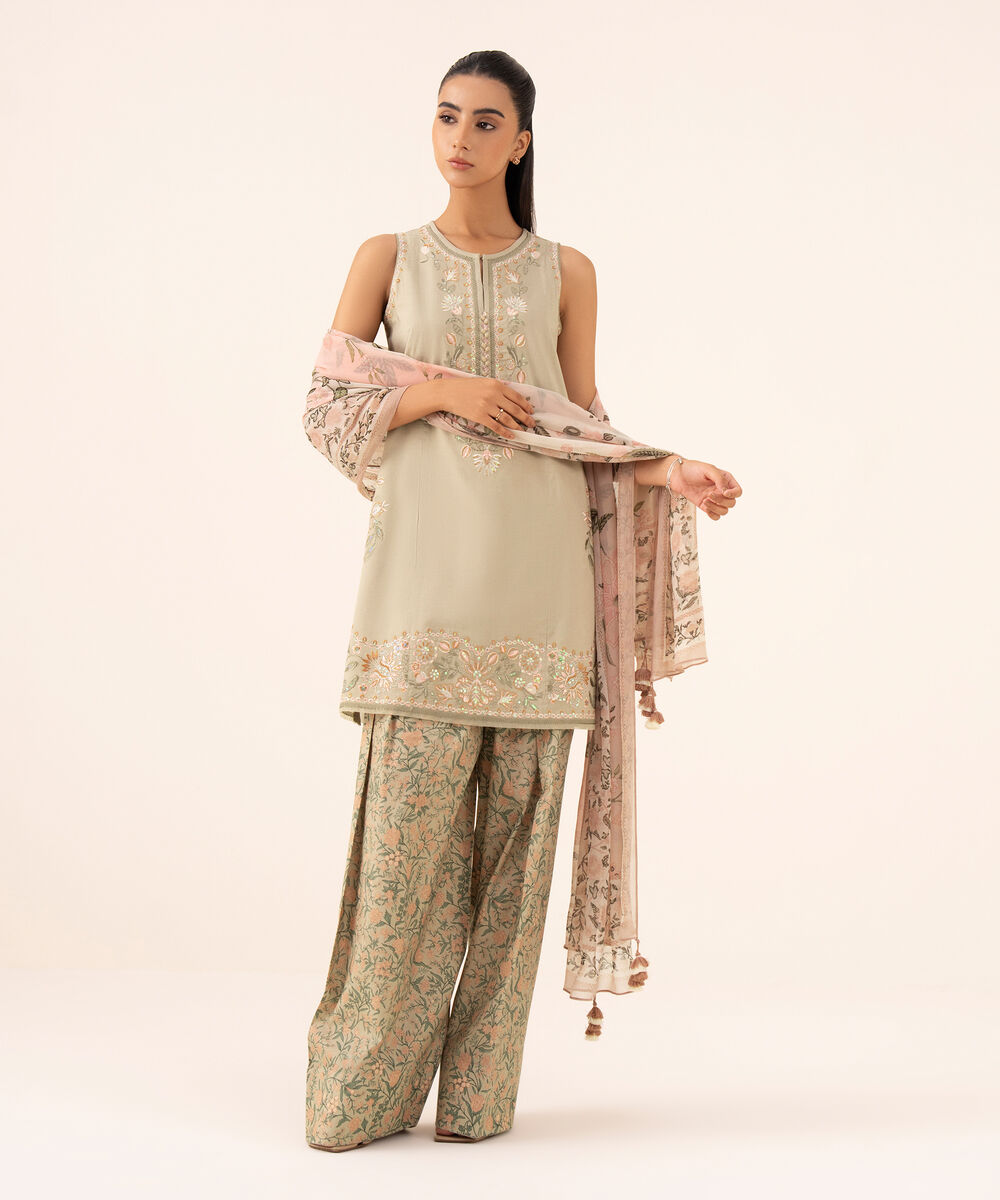 Women's Unstitched Cotton Viscose Embroidered Beige 3 Piece Suit