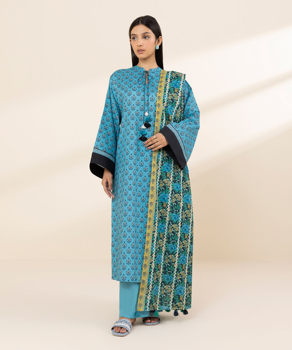Women's Unstitched Lawn Printed Blue 3 Piece Suit