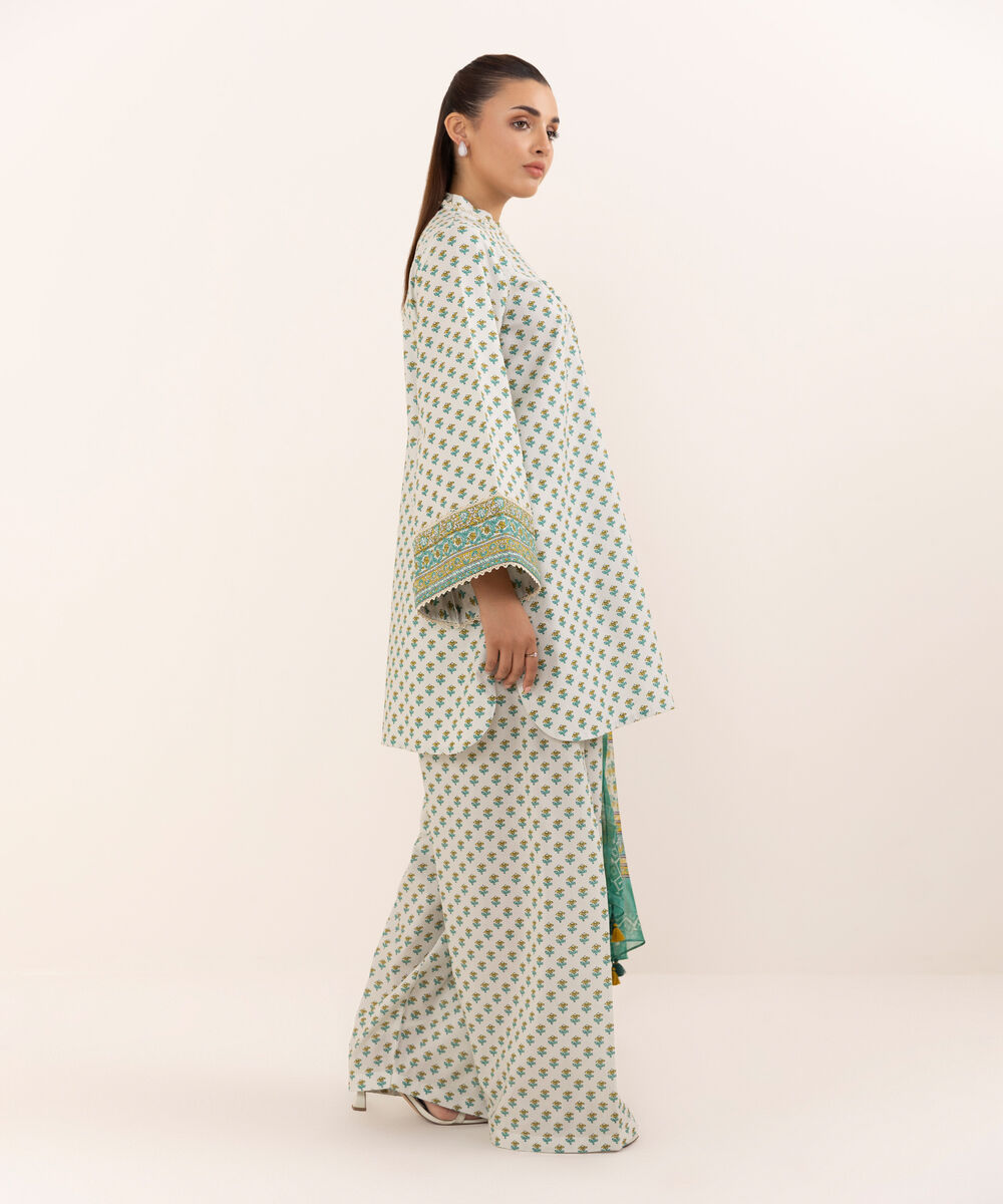 Women's Unstitched Cotton Printed Off White Three Piece Suit