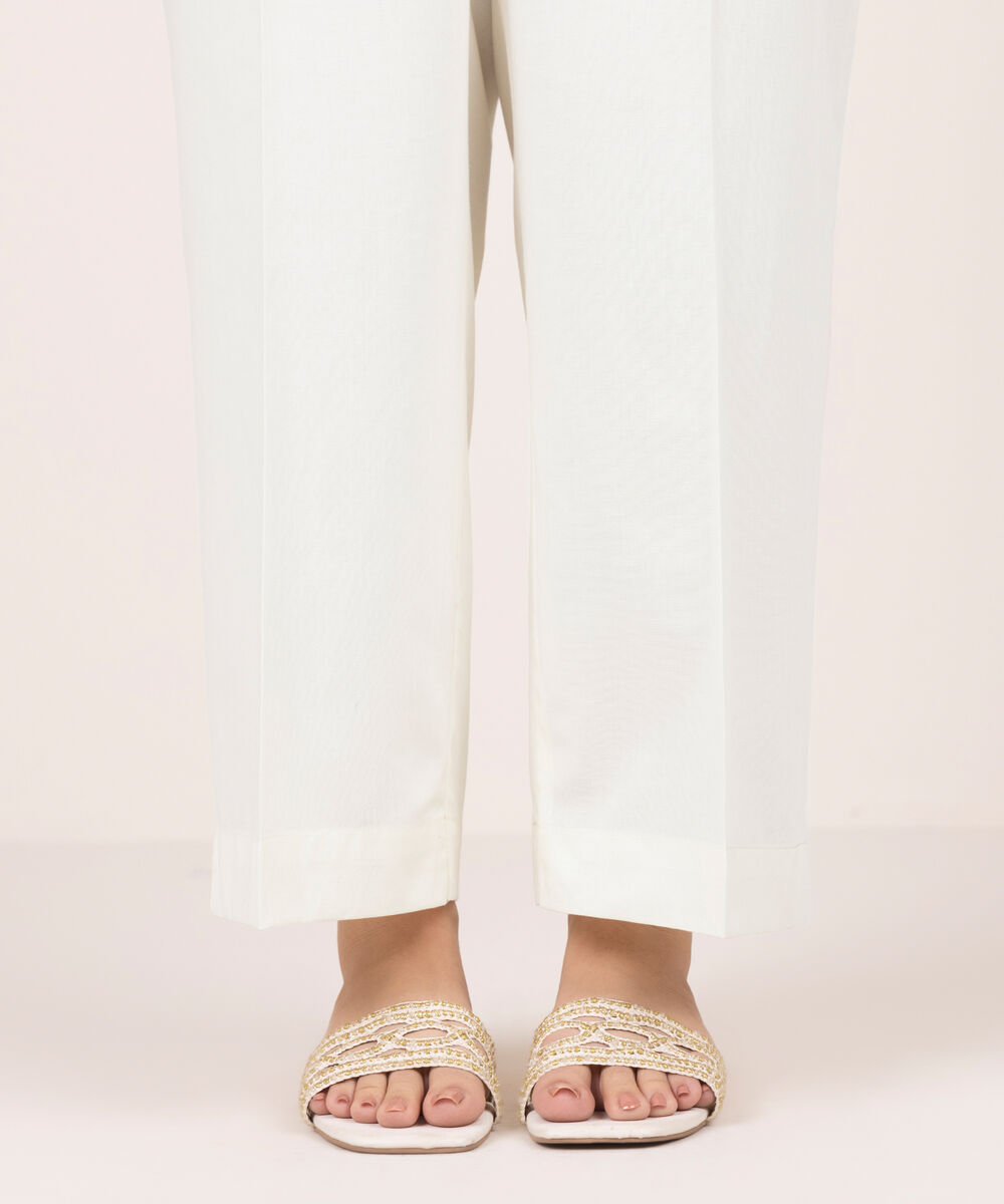 Women's RTW Lawn Solid Cream White Culottes