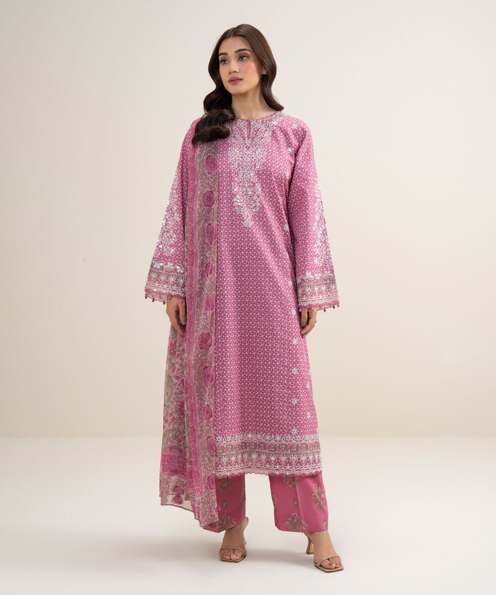 Women's Unstitched Lawn Embroidered Pink 3 Piece Suit