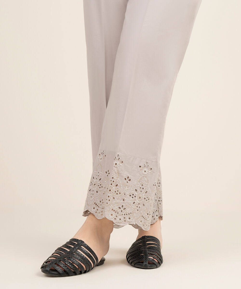 Women's RTW Cambric Embroidered Grey Straight Pants