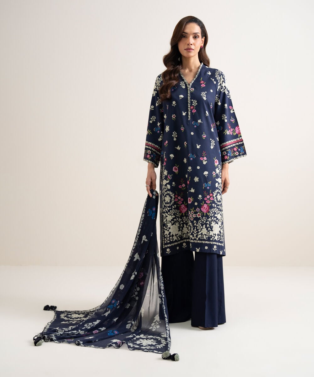 Women's Unstitched Arabic Lawn Printed Blue