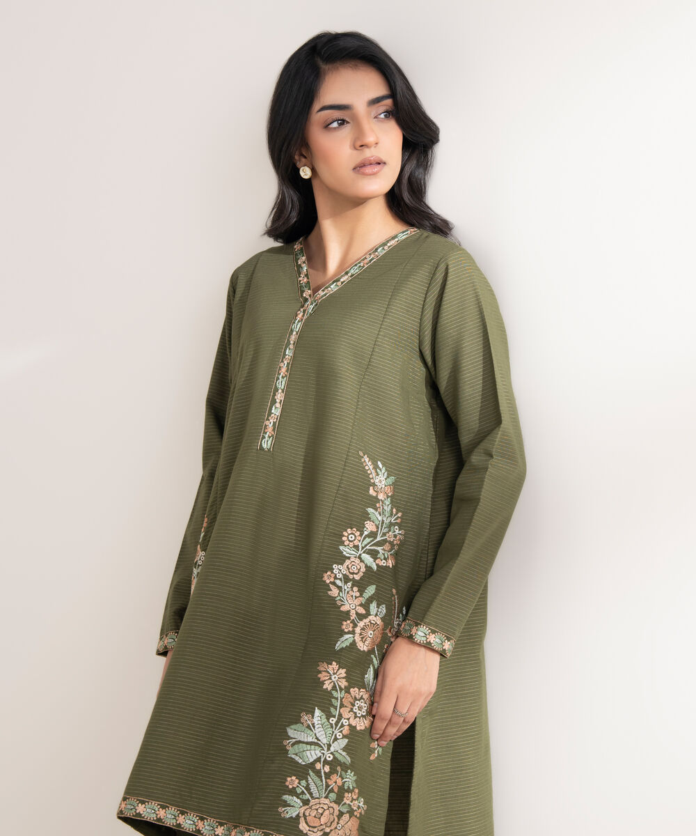 Women's RTW Zari Khaddar Embroidered Green Straight Shirt